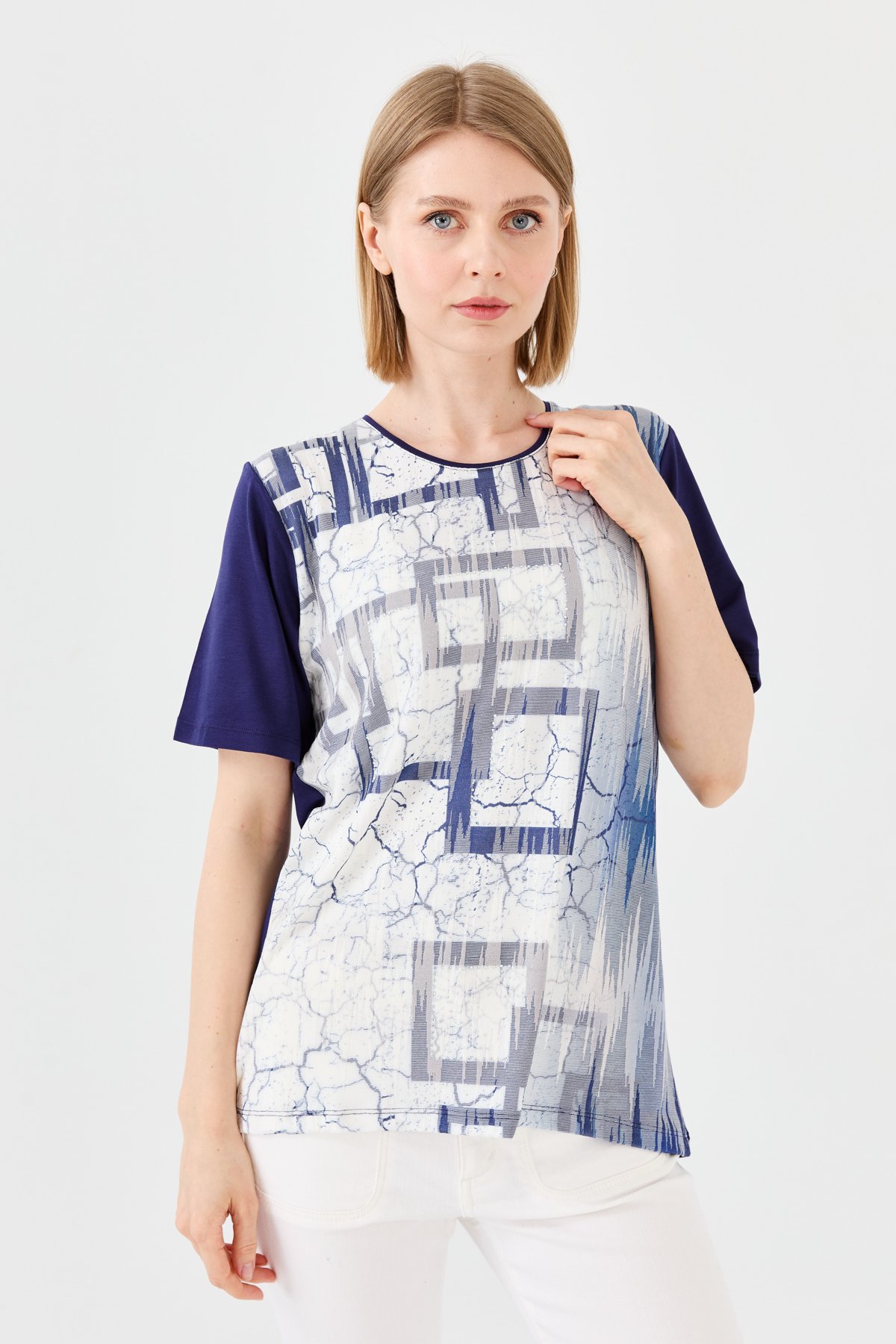 23757Kadın Sıfır Yaka Taşlı Penye T-shirt Lacivert