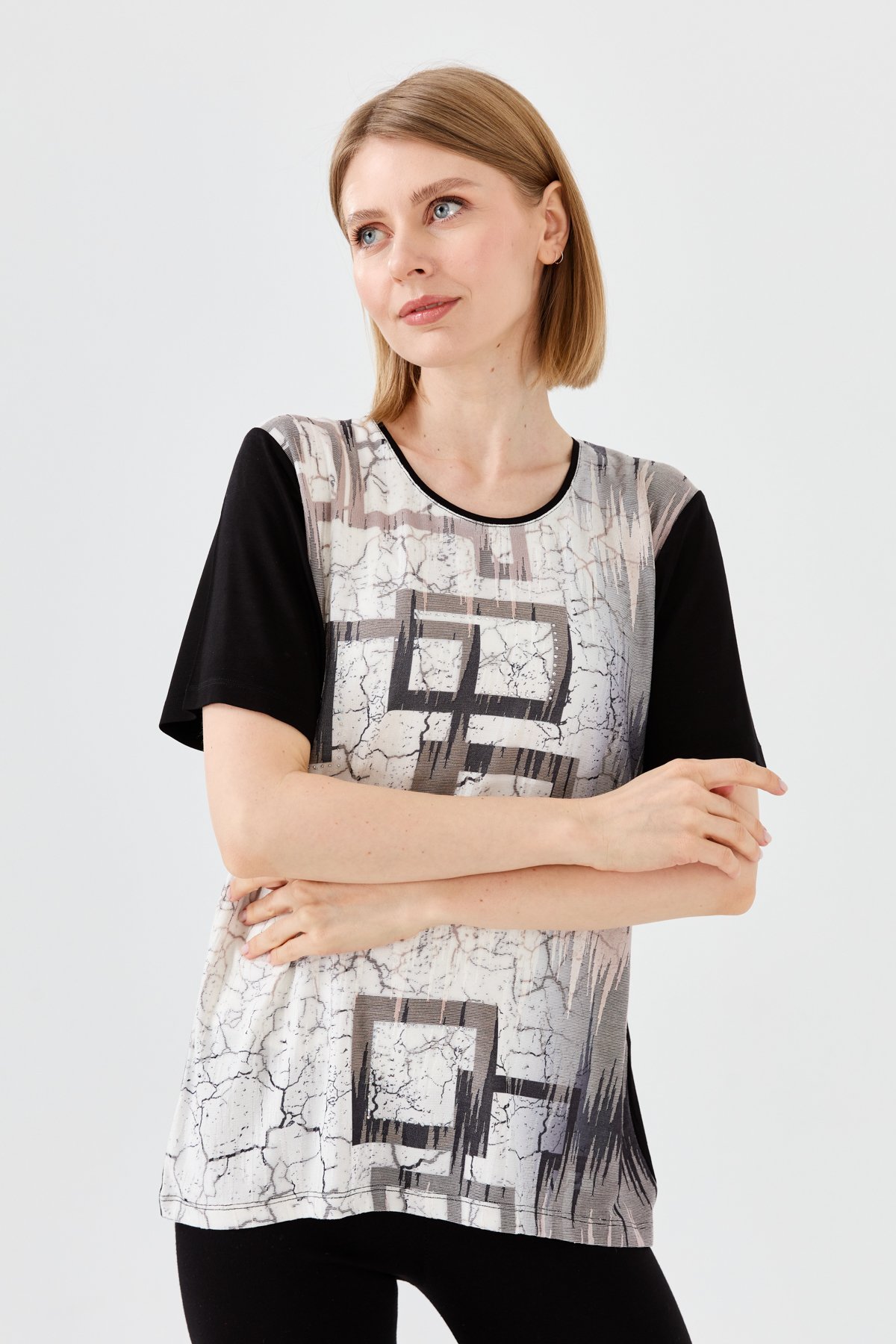 23757Kadın Sıfır Yaka Taşlı Penye T-shirt Siyah