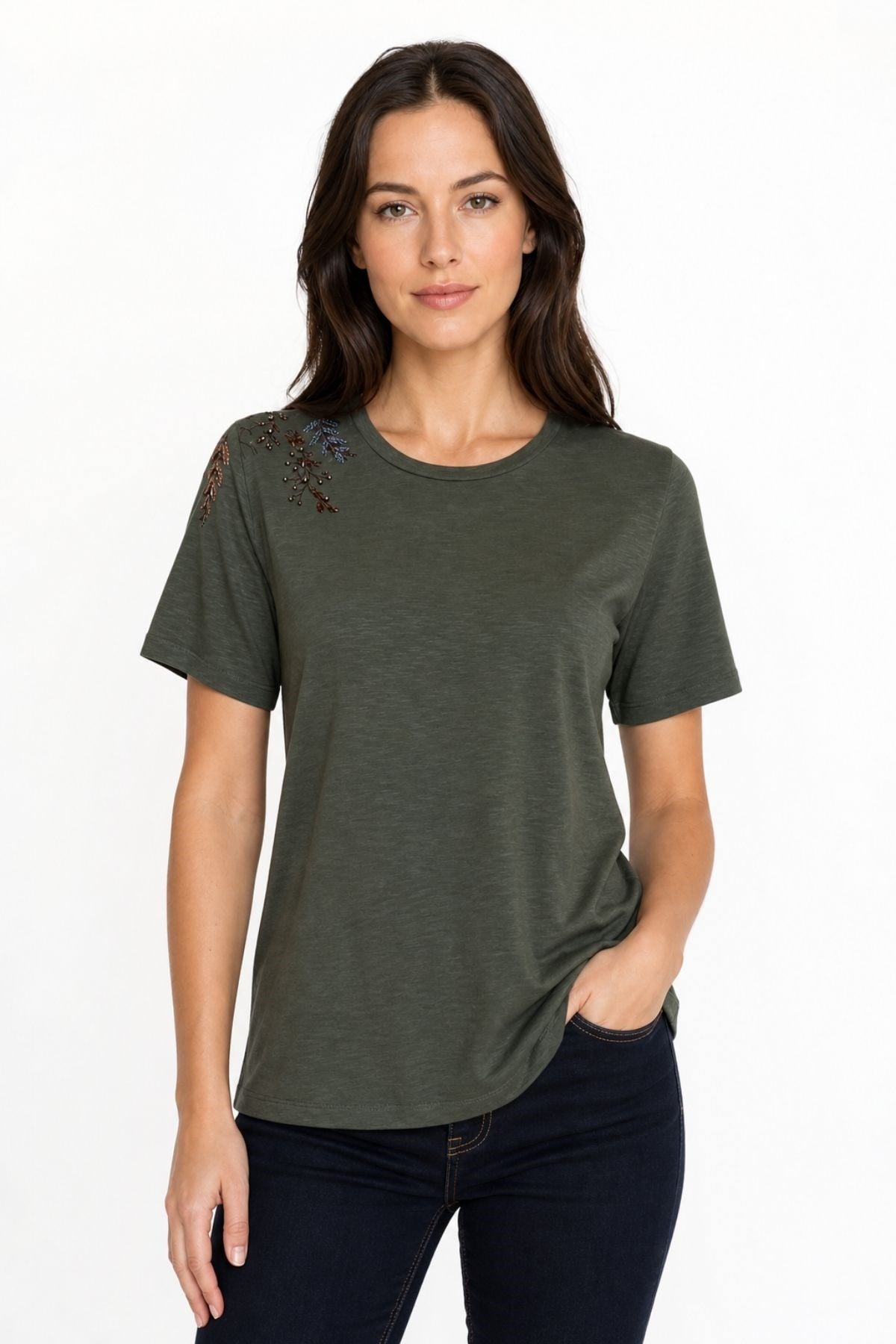 26701Kadın Sıfır Yaka Tek Omuzu Nakışlı Penye T-shirt Haki