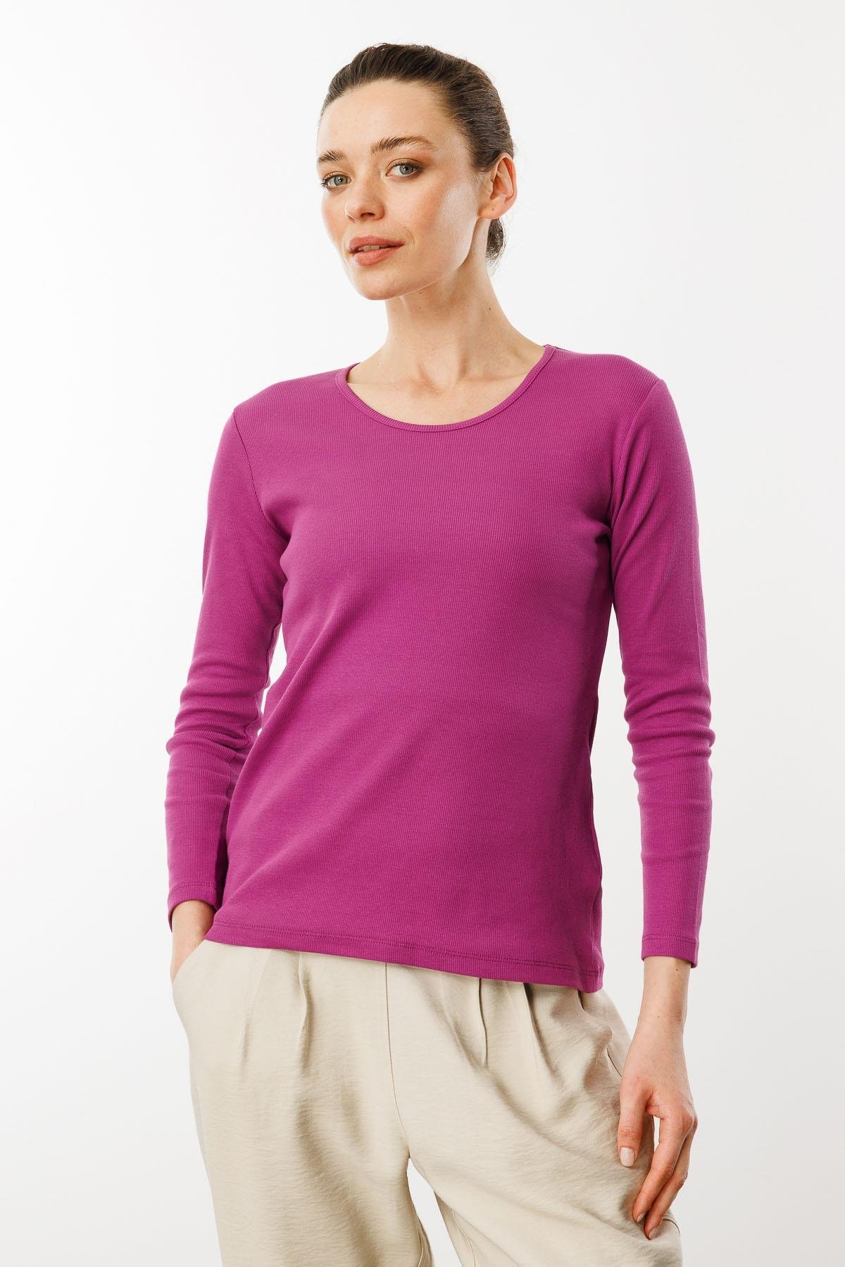 23756Kadın Sıfır Yaka Uzun Kol Basic Pamuklu Bluz Sıklamen