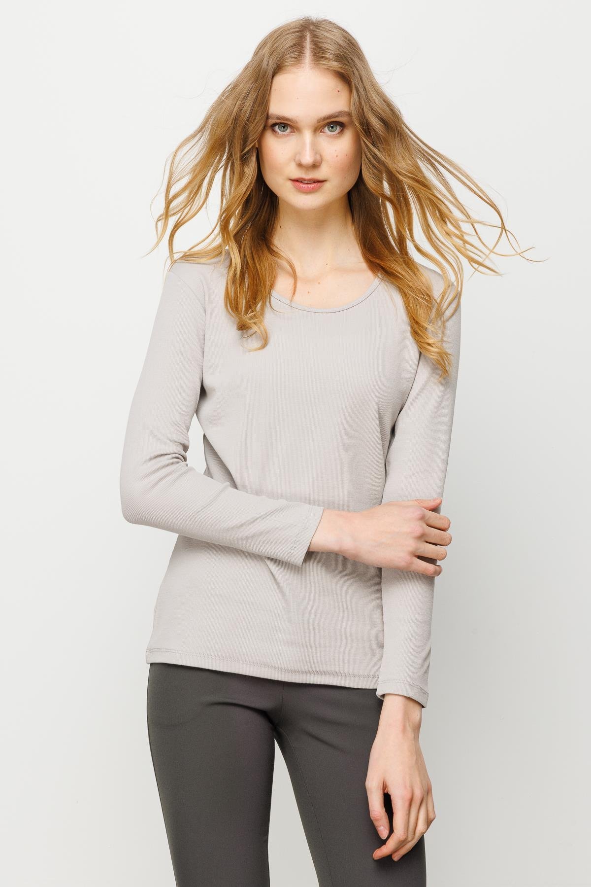 23756Kadın Sıfır Yaka Uzun Kol Basic Pamuklu Bluz Taş