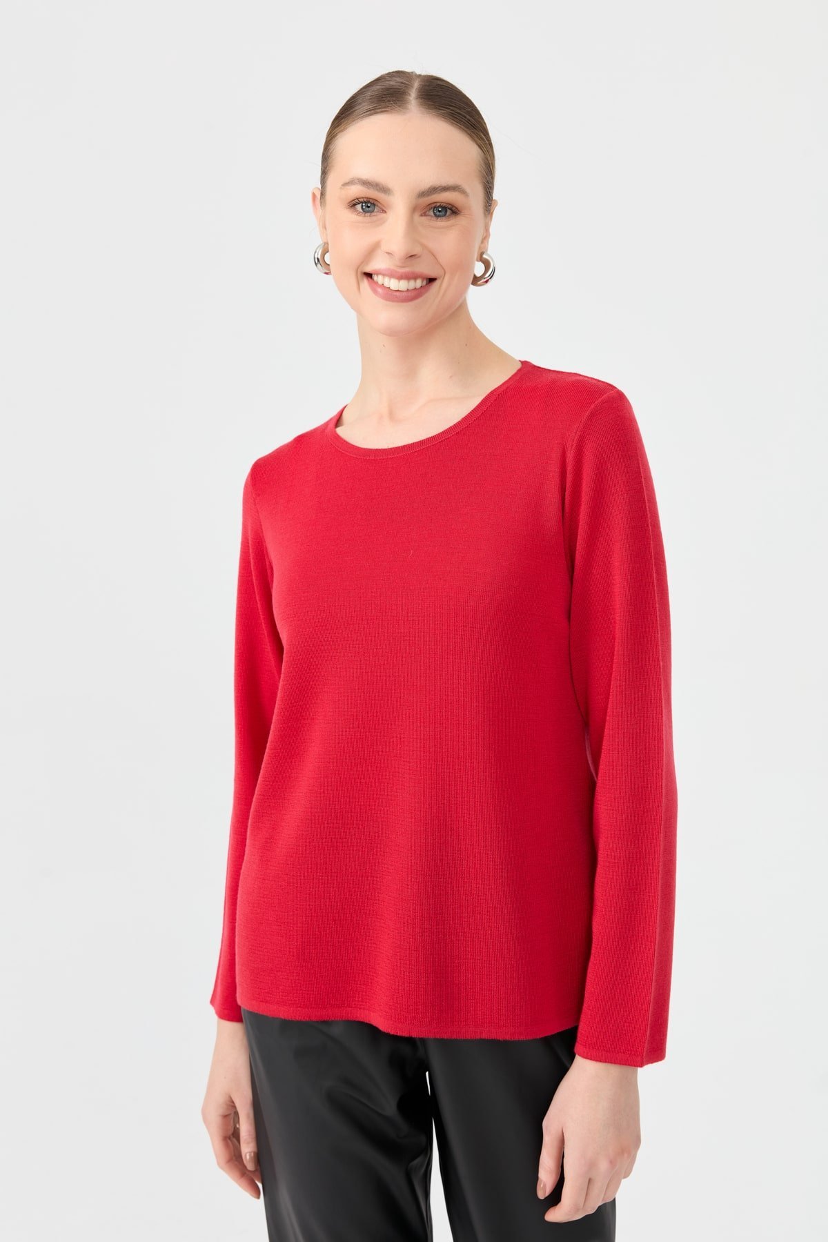 24113Kadın Sıfır Yaka Uzun Kollu Basic Yün Bluz A.Kırmızı