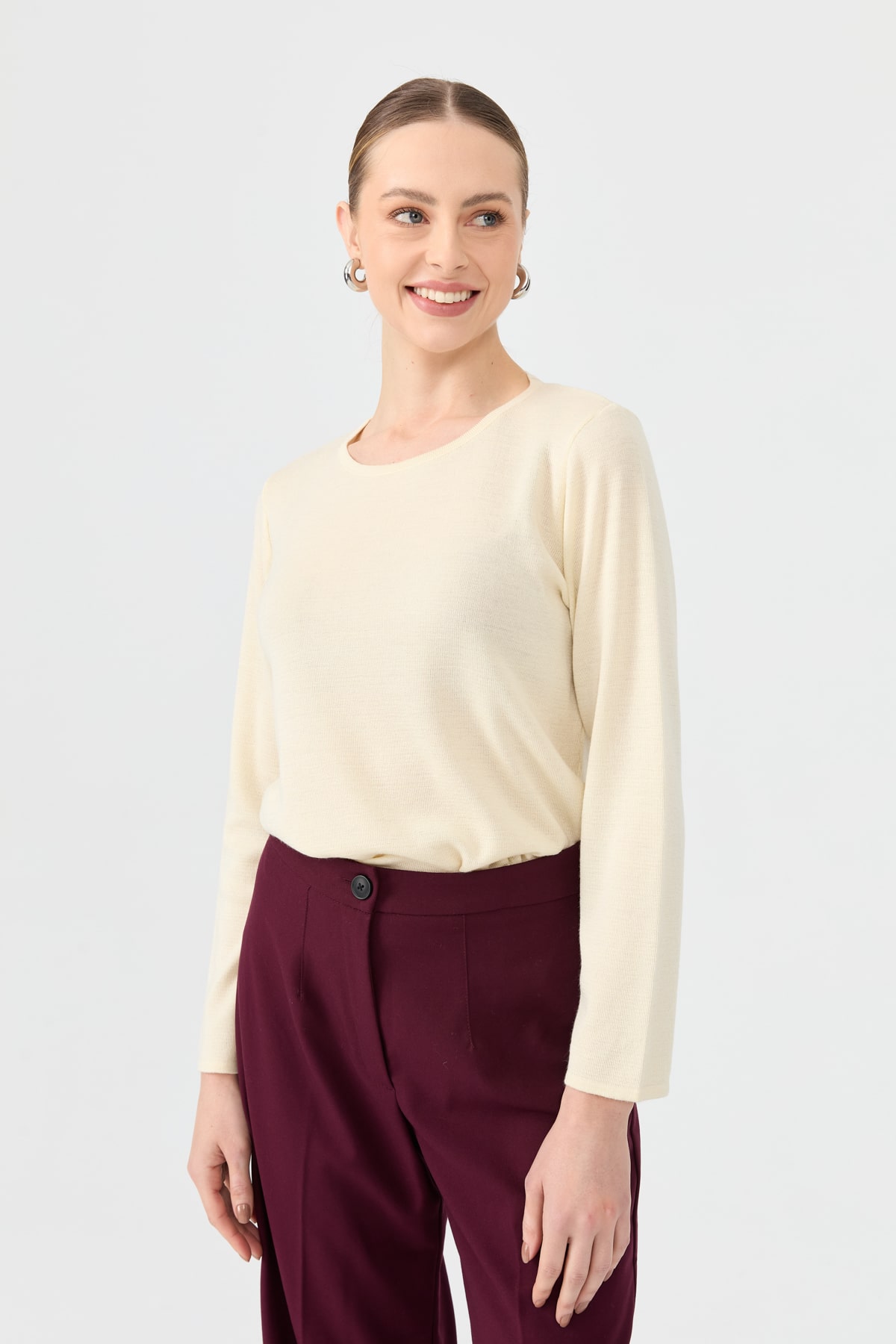 24113Kadın Sıfır Yaka Uzun Kollu Basic Yün Bluz Kemik