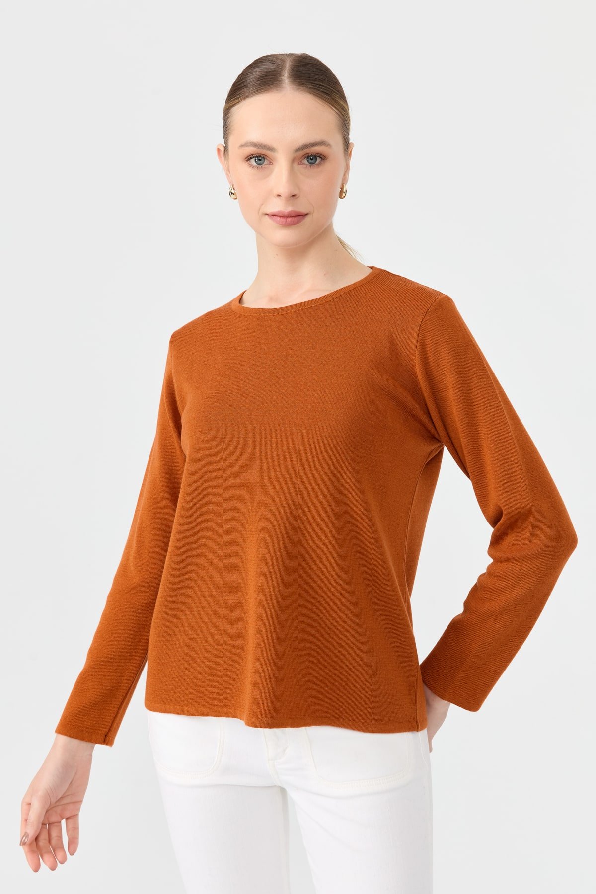 24113Kadın Sıfır Yaka Uzun Kollu Basic Yün Bluz A.Kiremit