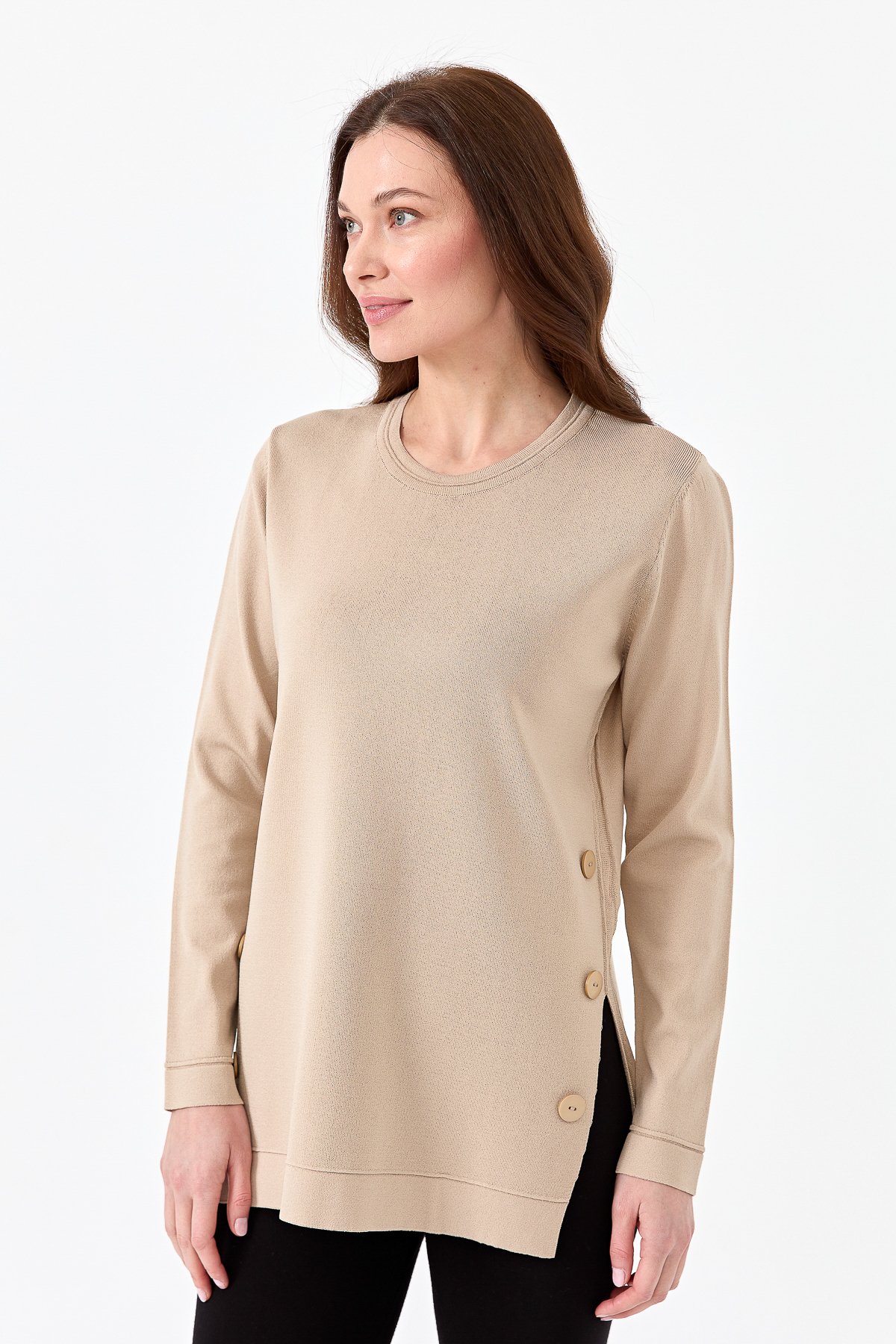 23355Kadın Sıfır Yaka Yanı Düğmeli Triko Bluz Bej