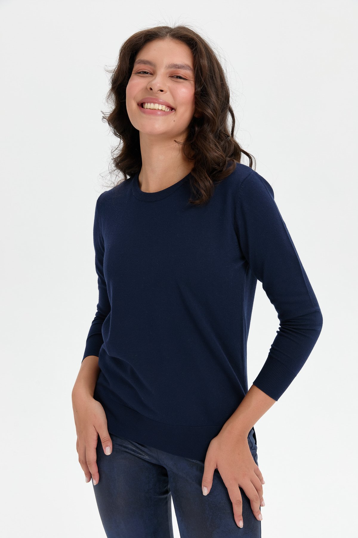 24358Kadın Sıfır Yaka Yanı Yırtmaçlı Kazak K.Lacivert