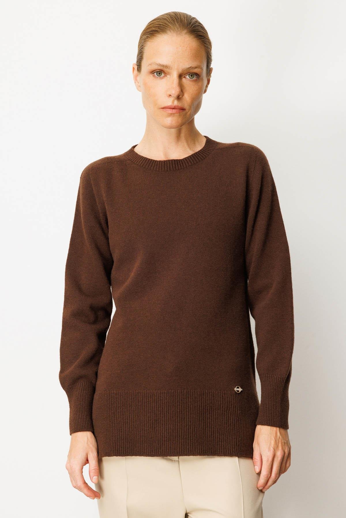 25214Kadın Sıfır Yaka Yanı Yırtmaçlı Yün Bluz M.Kahve