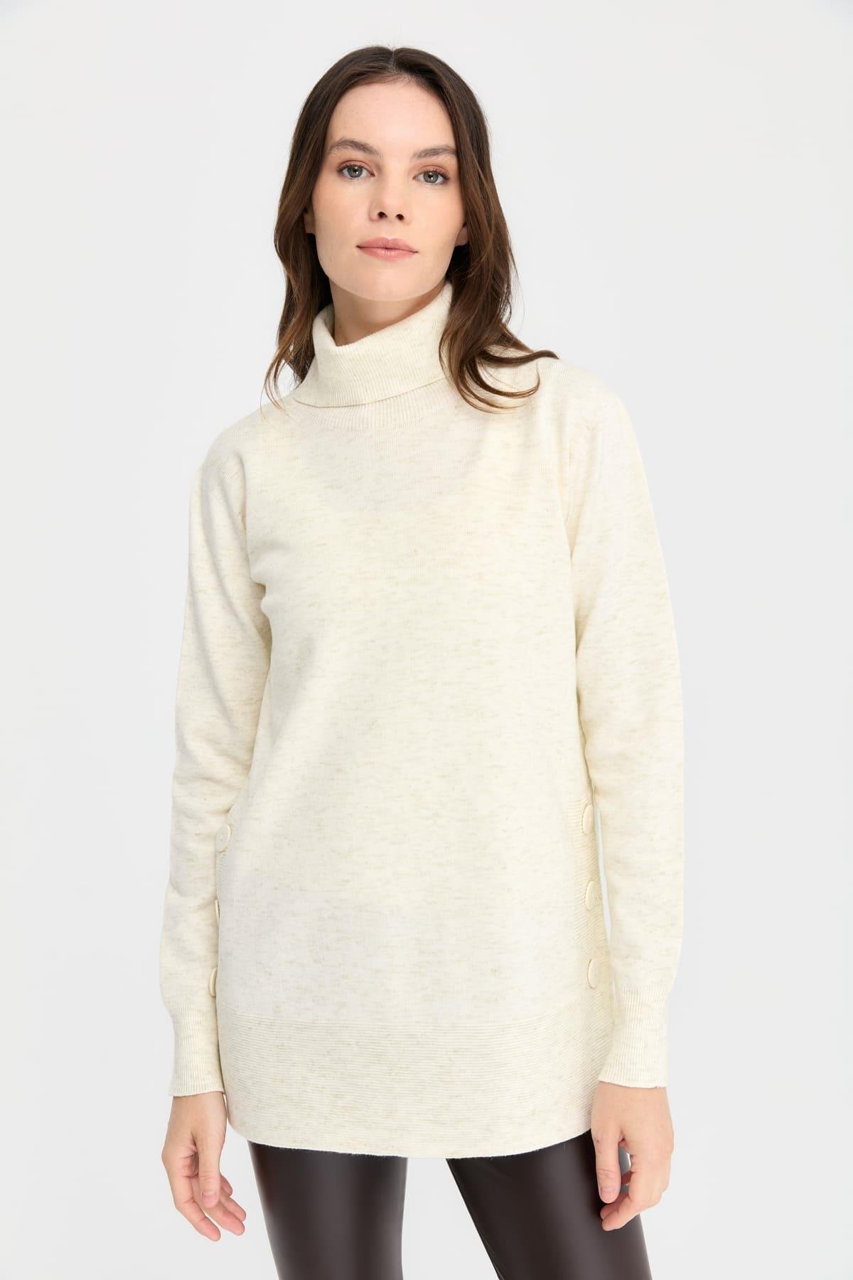 23391Kadın Tam Balıkçı Yaka Dikişsiz Kazak Kemik