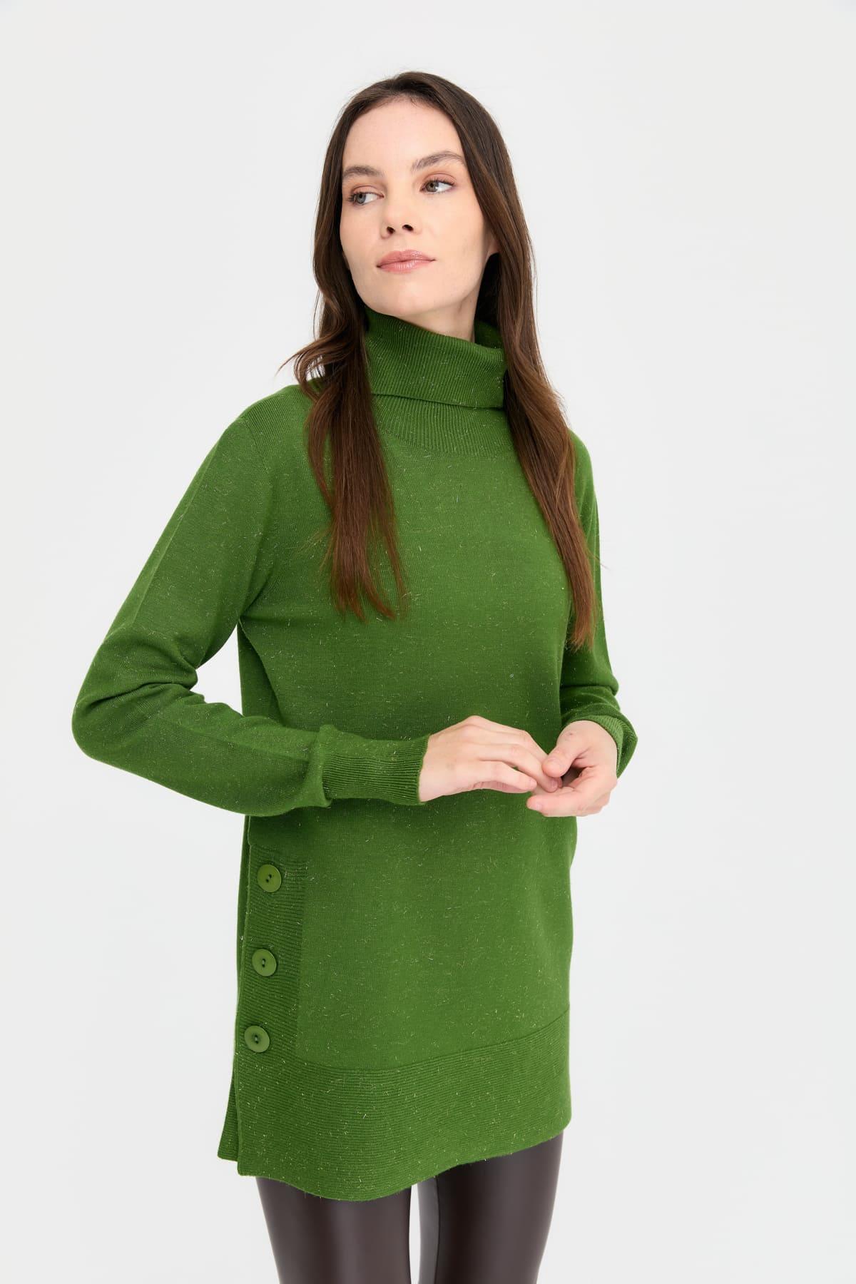 23391Kadın Tam Balıkçı Yaka Dikişsiz Kazak K.Yosun