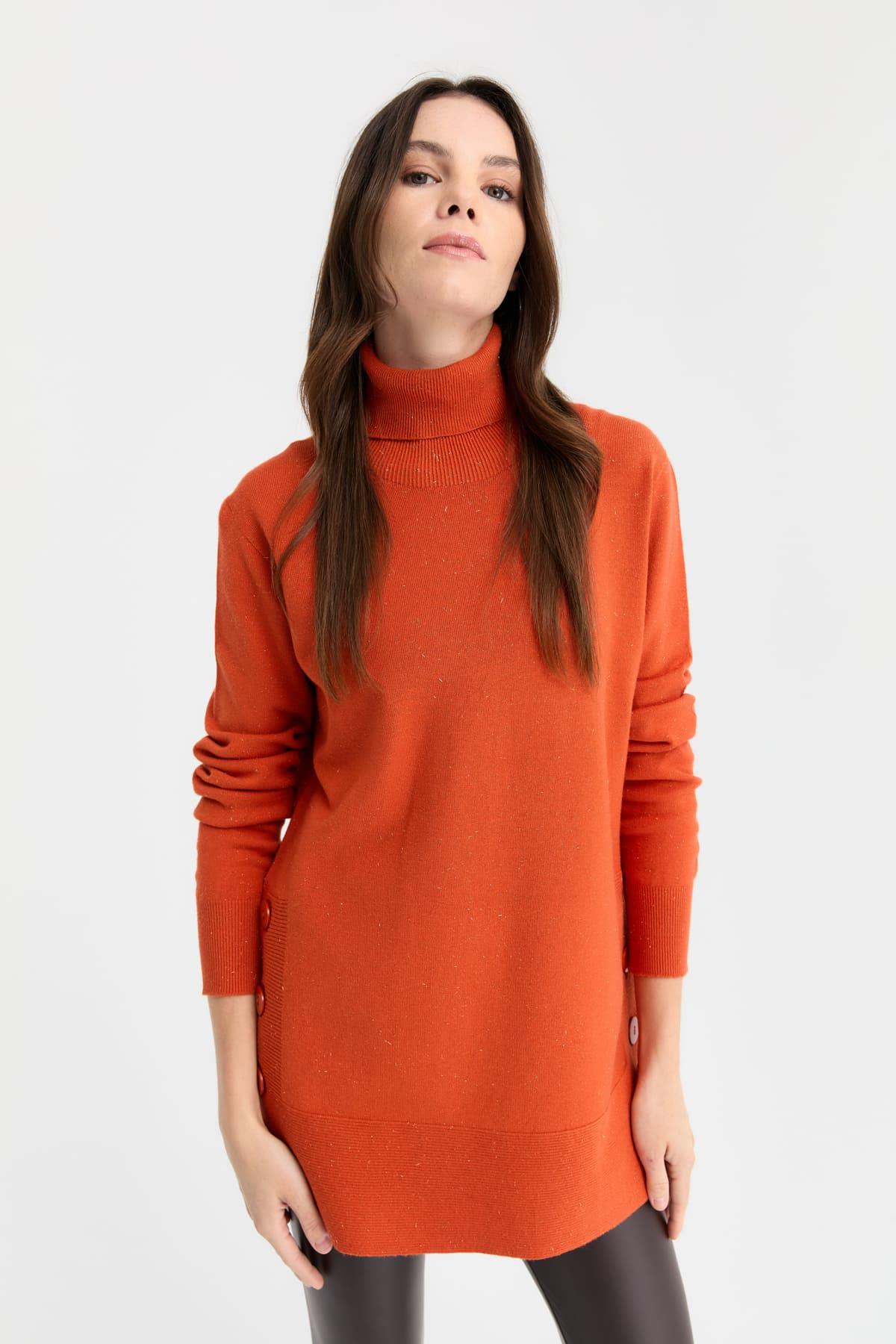 23391Kadın Tam Balıkçı Yaka Dikişsiz Kazak Portakal