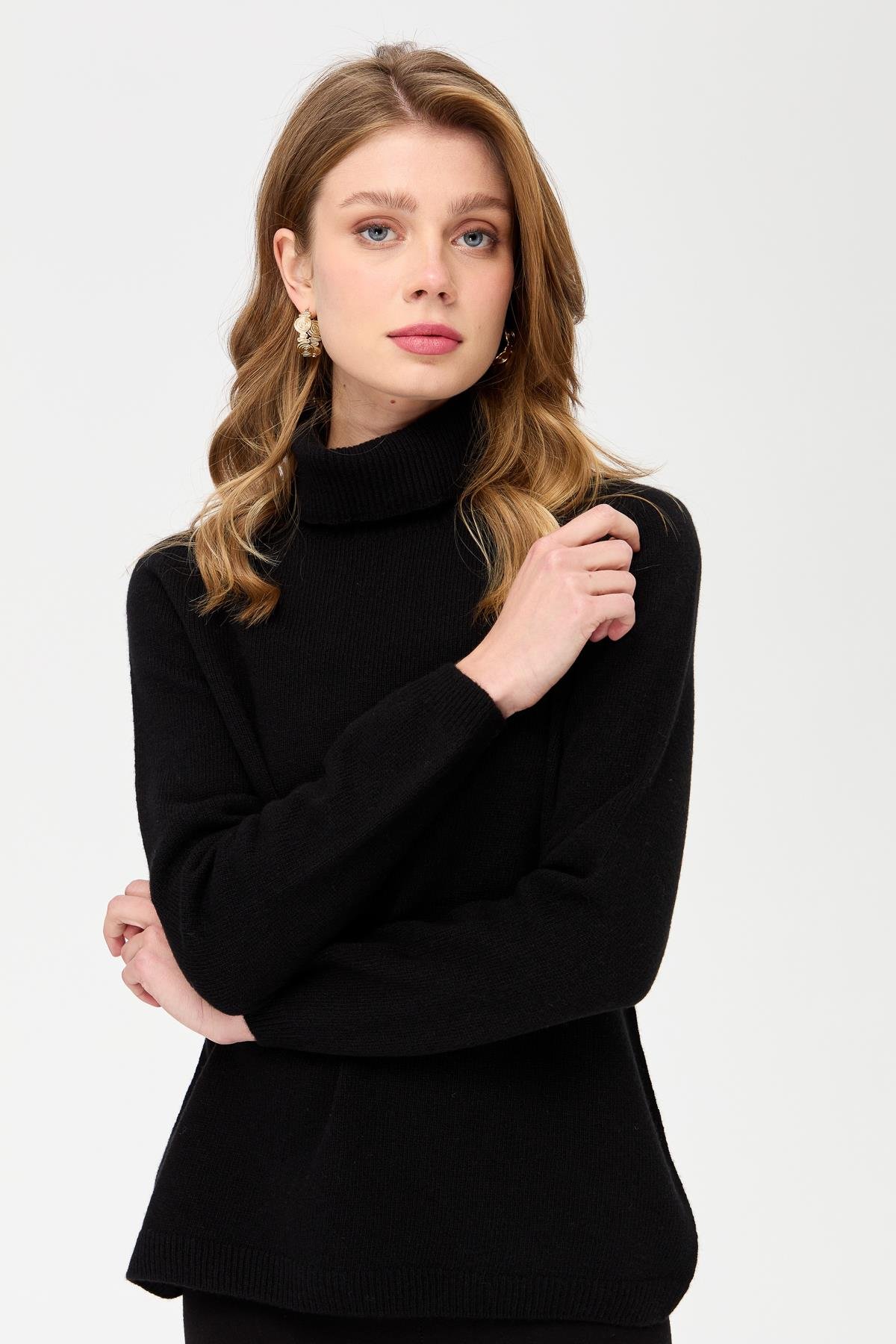 23164Kadın Tam Balıkçı Yaka Klasik Yün Kazak Siyah