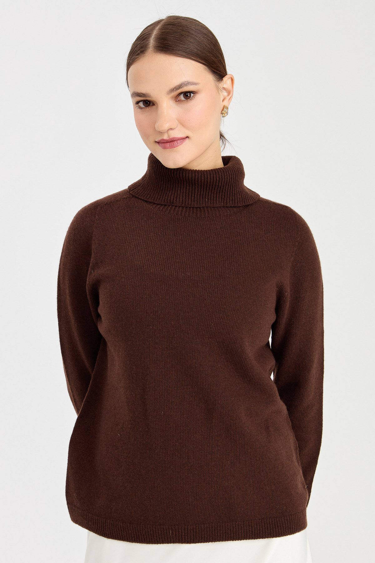 23164Kadın Tam Balıkçı Yaka Klasik Yün Kazak M.Kahve