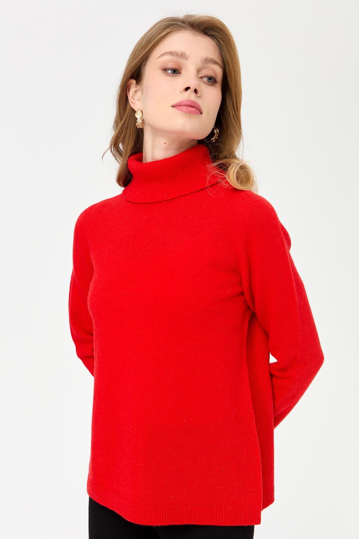 23164Kadın Tam Balıkçı Yaka Klasik Yün Kazak Mercan