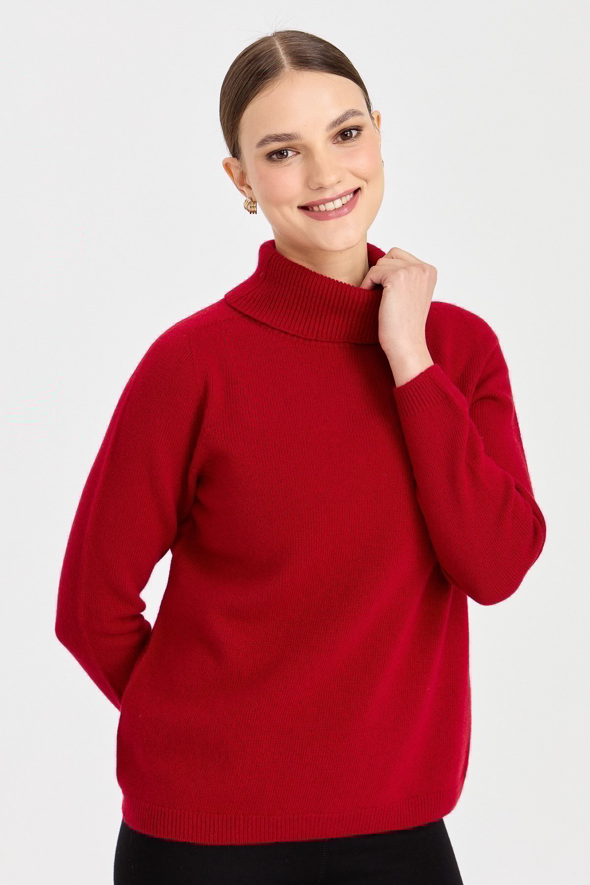 23164Kadın Tam Balıkçı Yaka Klasik Yün Kazak K.Kırmızı