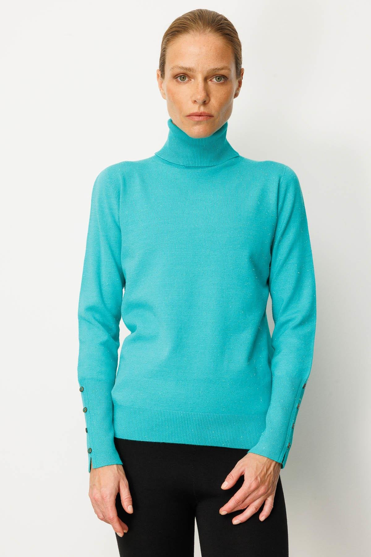 22330Kadın Tam Balıkçı Yaka Kol Ucu Yırtmaçlı Kazak S.Yeşili