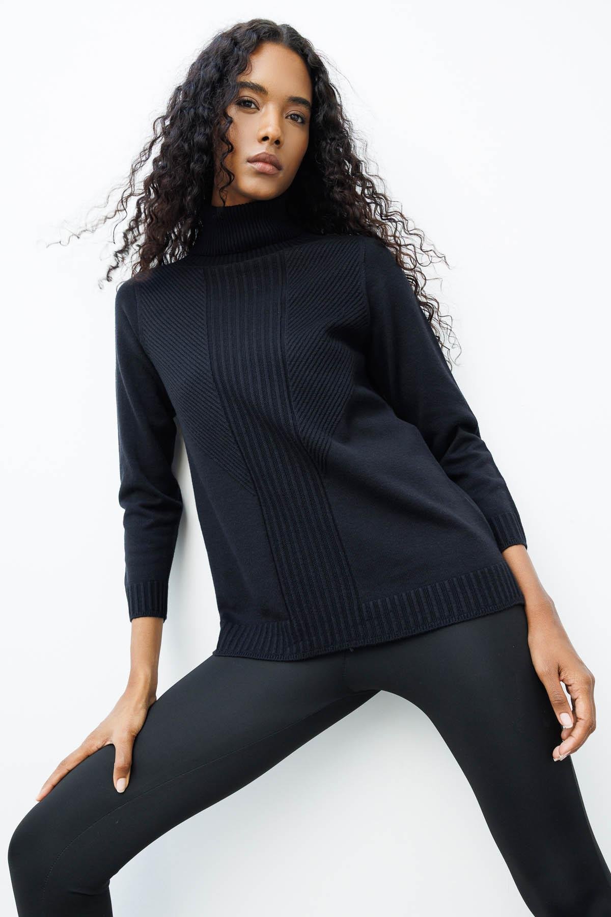 25251Kadın Tam Balıkçı Yaka Önü Uzun Çizgili Bluz Siyah