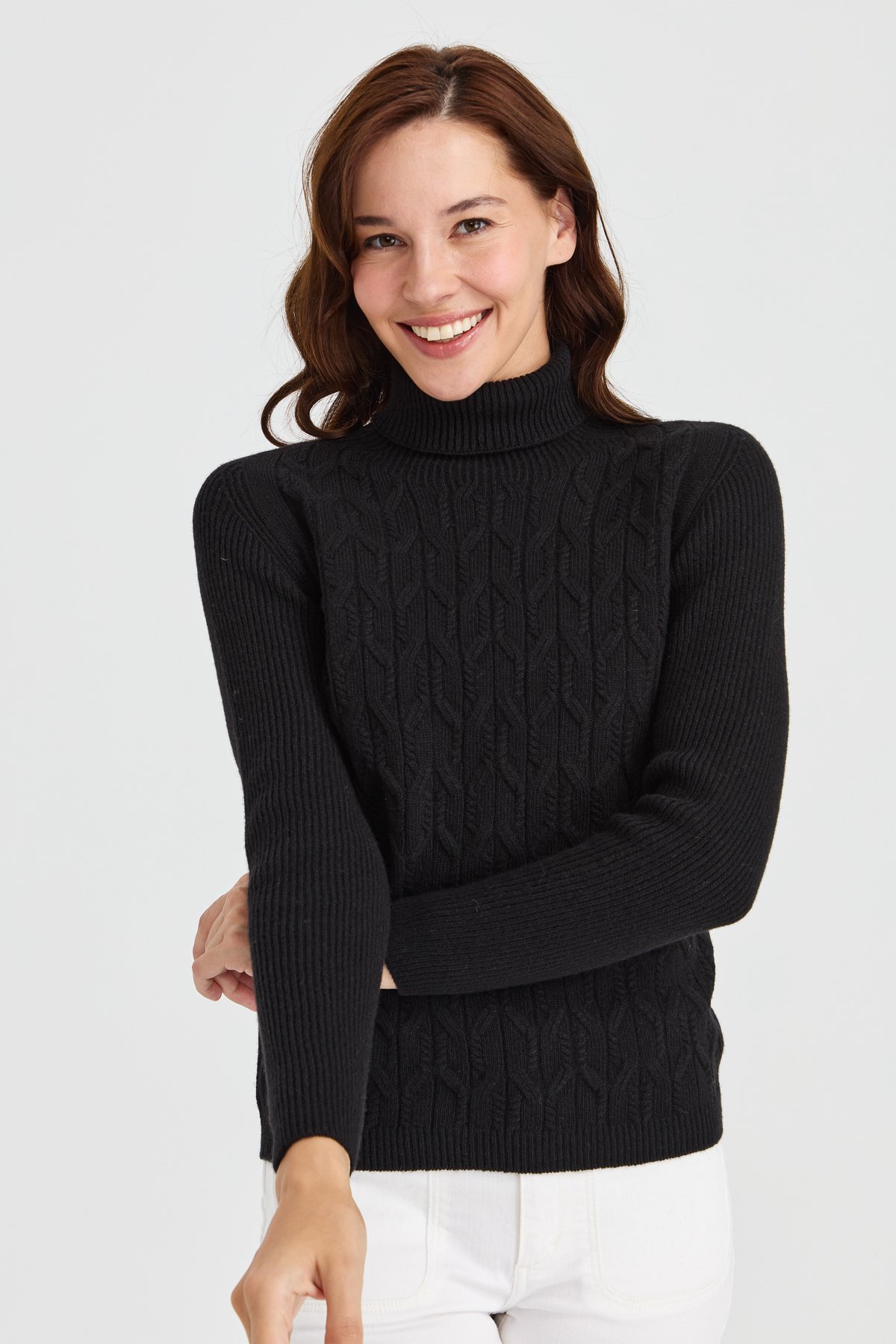 23153Kadın Tam Balıkçı Yaka Önü Yürütmeli Yün Kazak Siyah