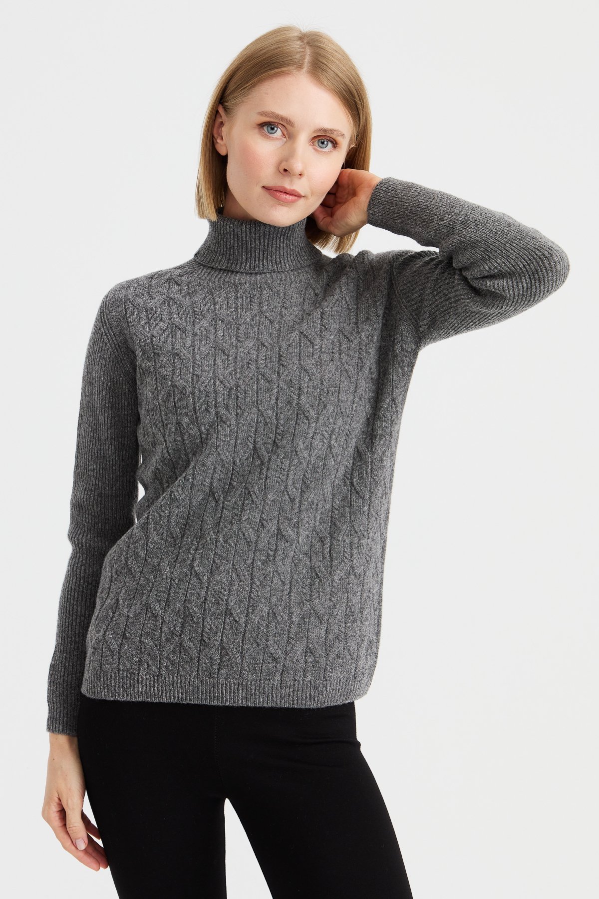 23153Kadın Tam Balıkçı Yaka Önü Yürütmeli Yün Kazak Füme