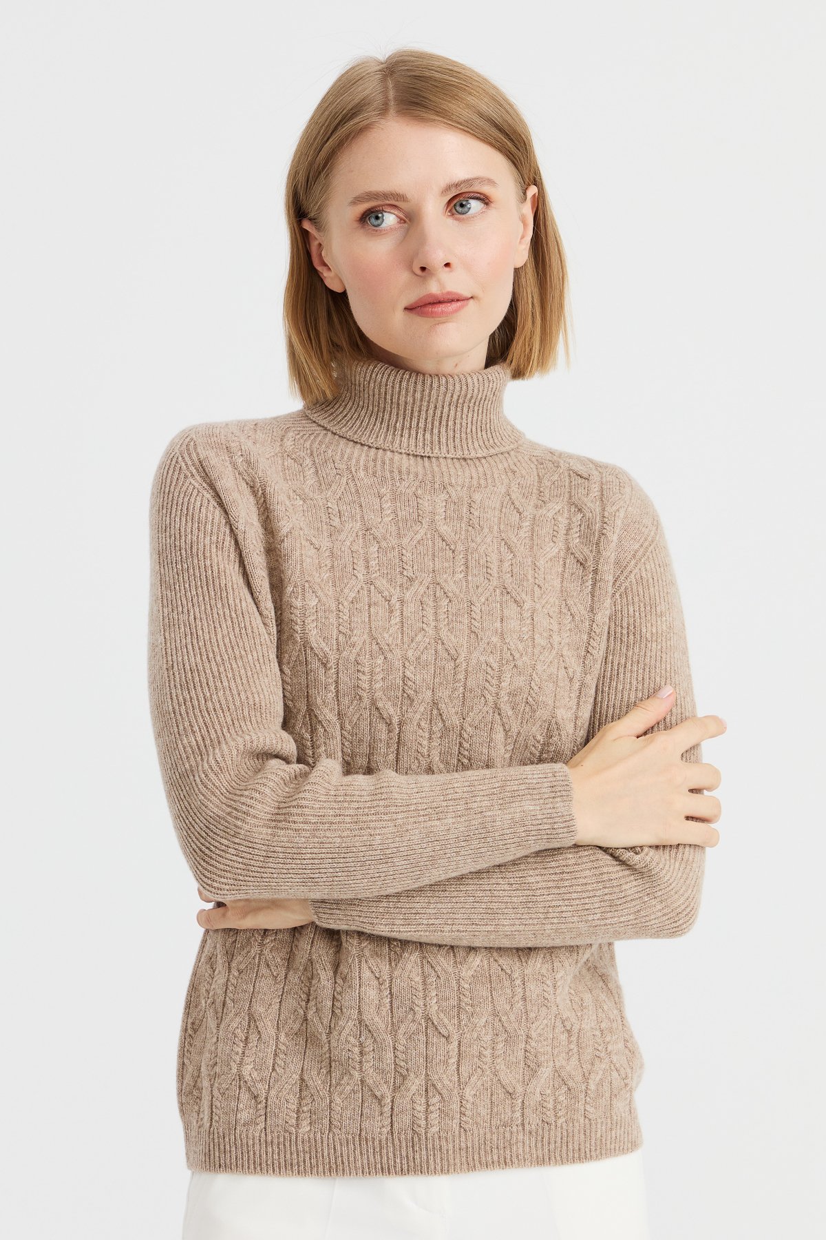 23153Kadın Tam Balıkçı Yaka Önü Yürütmeli Yün Kazak K.Bej