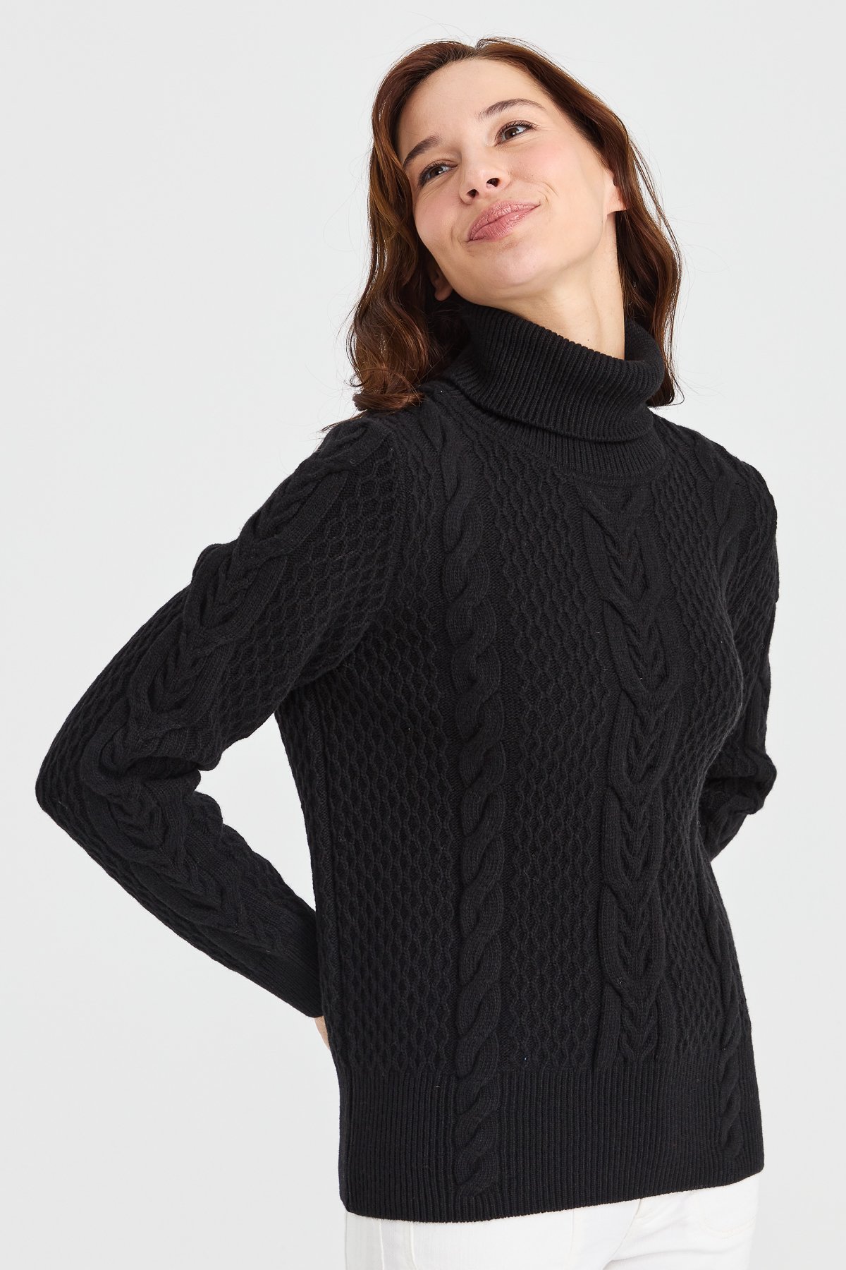 23035Kadın Tam Balıkçı Yaka Saç Örgü Yün Kazak Siyah