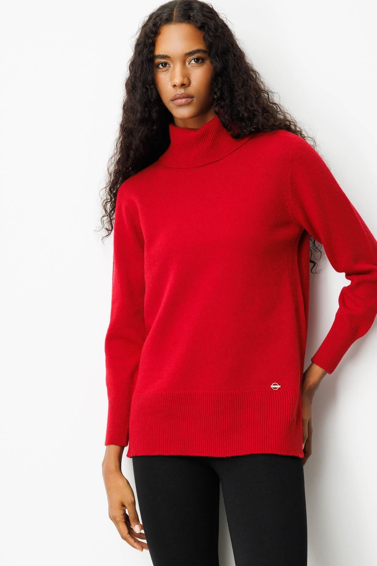 25215Kadın Tam Balıkçı Yaka Yanı Yırtmaçlı Yün Kazak K.Kırmızı