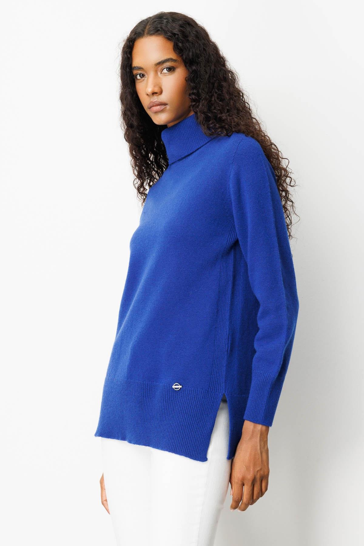 25215Kadın Tam Balıkçı Yaka Yanı Yırtmaçlı Yün Kazak K.Saks Mavi