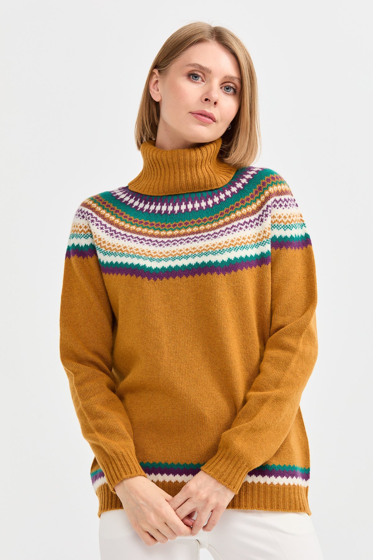 22087Kadın Tam Balıkçı Yaka Yün Kazak Hardal