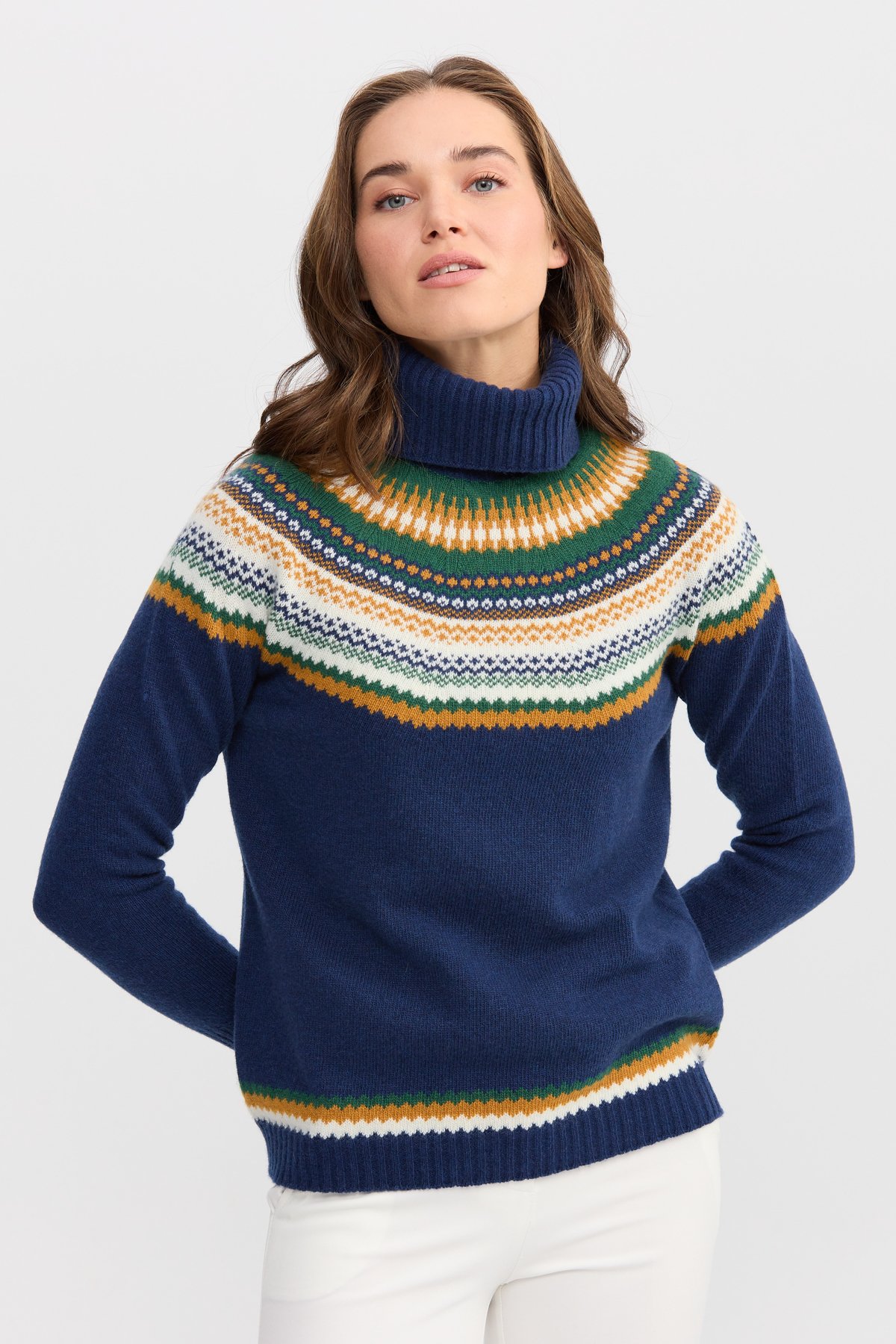 22087Kadın Tam Balıkçı Yaka Yün Kazak İndigo