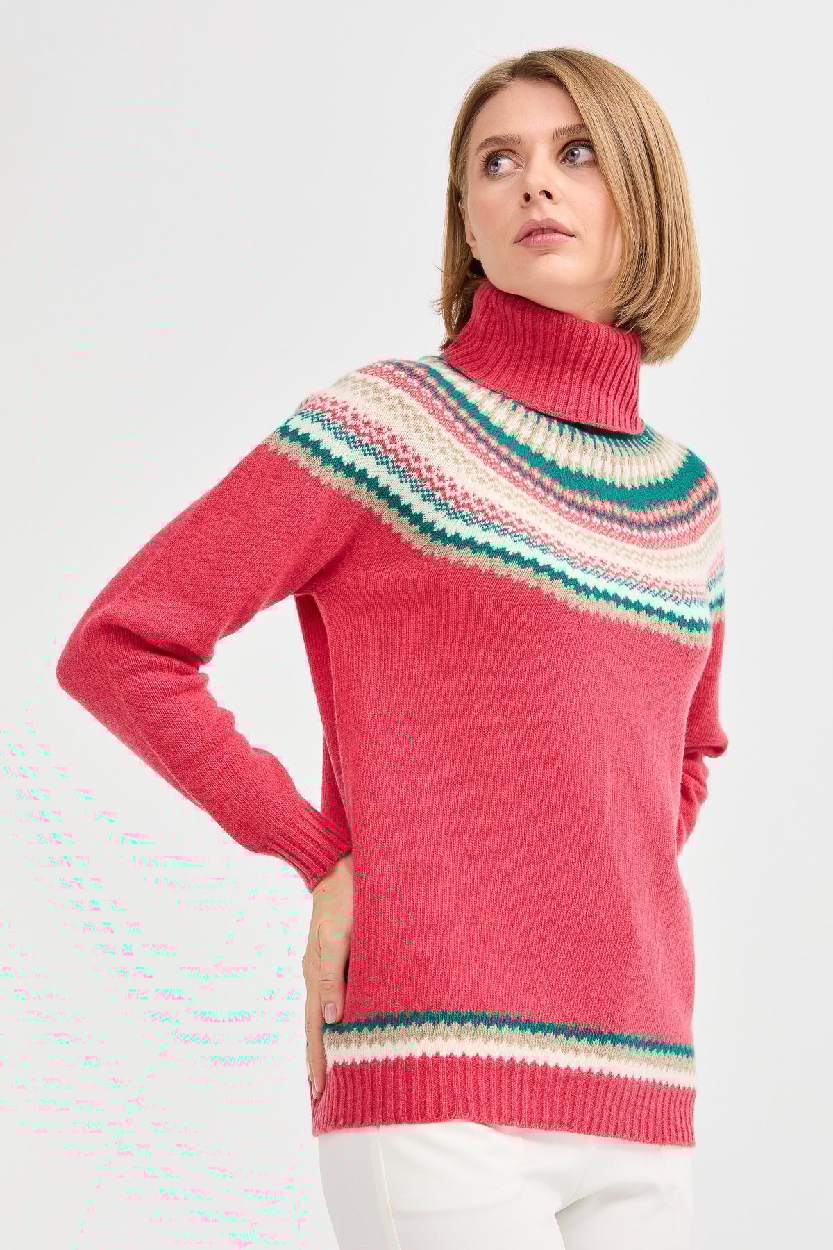 22087Kadın Tam Balıkçı Yaka Yün Kazak Y.S.Pembe