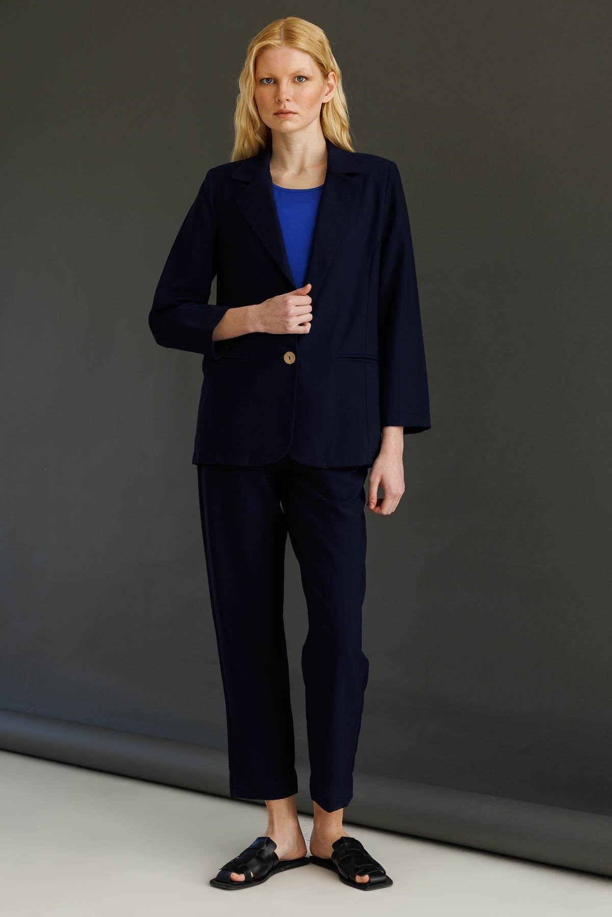 25878Kadın Tek Düğmeli Keten Ceket Lacivert