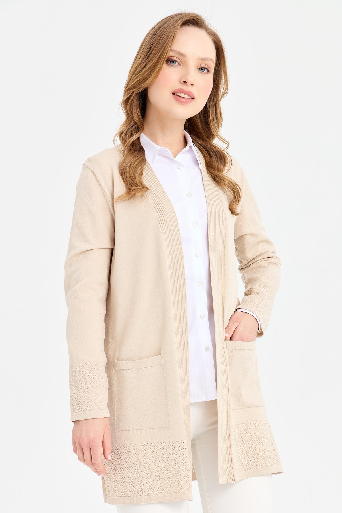 24353Kadın Triko Araboy Yazlık İnce Ceket Bej