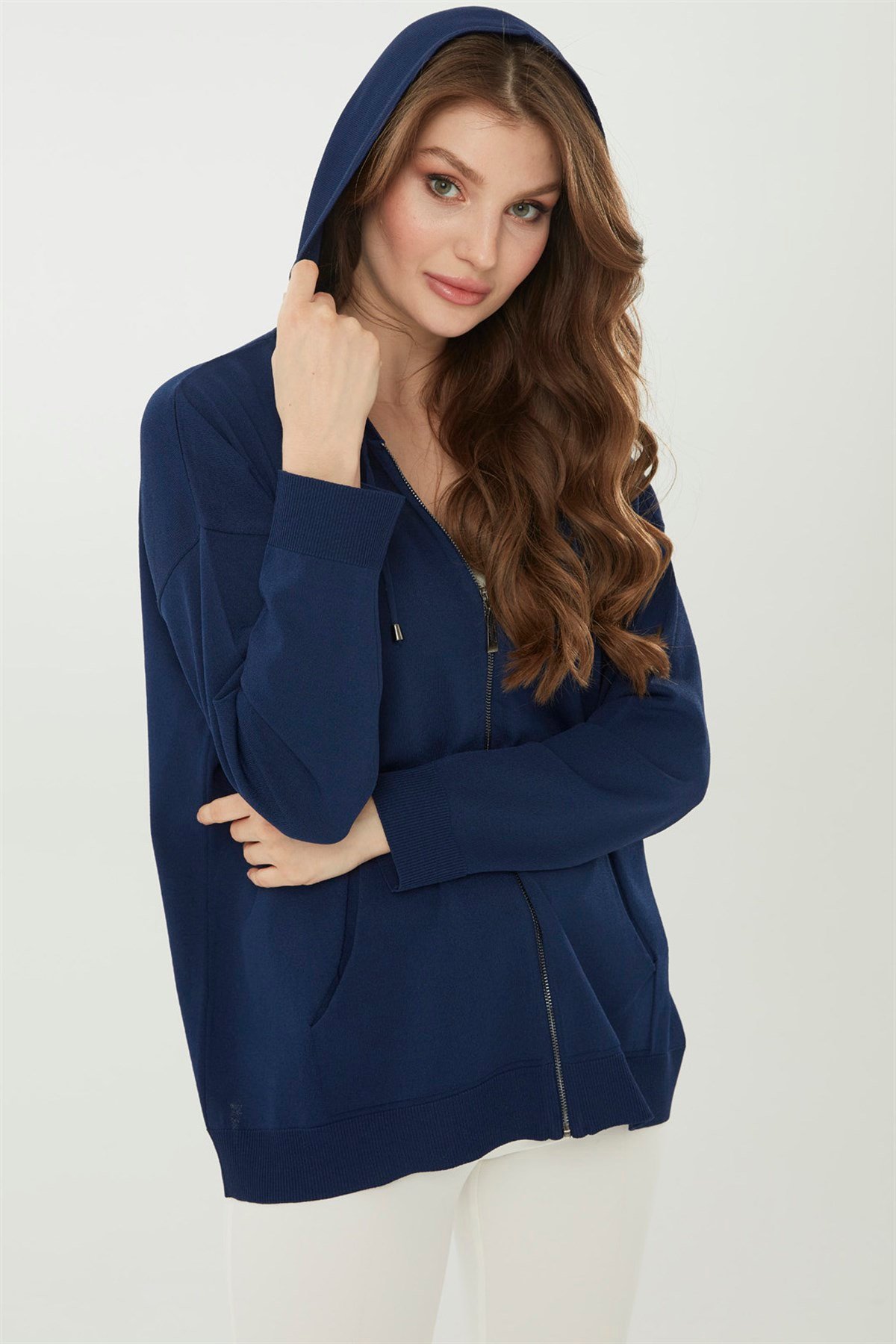 22351Kadın Triko Kapşonlu Yazlık Hırka Lacivert