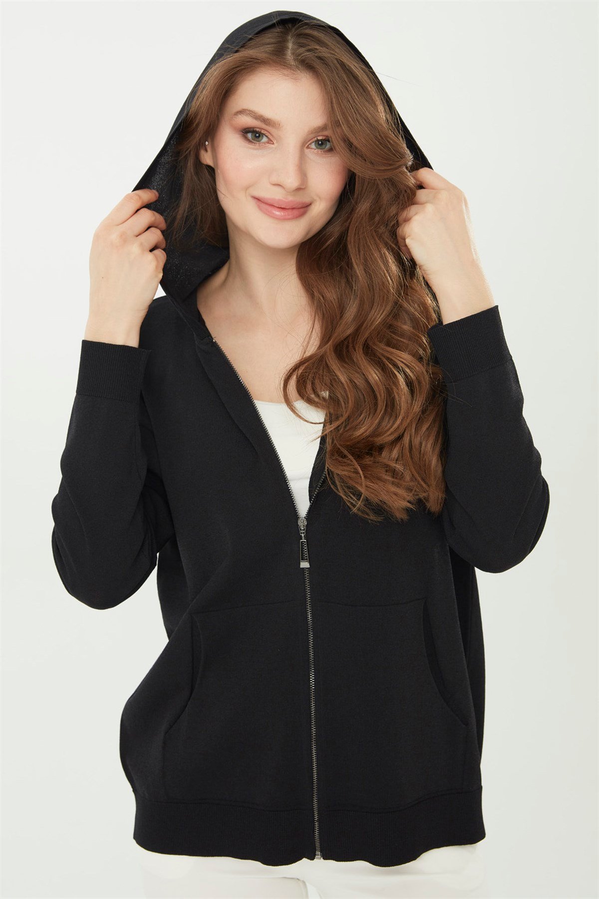 22351Kadın Triko Kapşonlu Yazlık Hırka Siyah