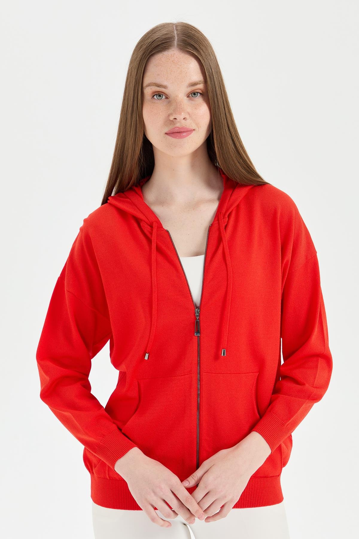 22351Женский удлиненный трикотажный летний кардиган с капюшоном коралл