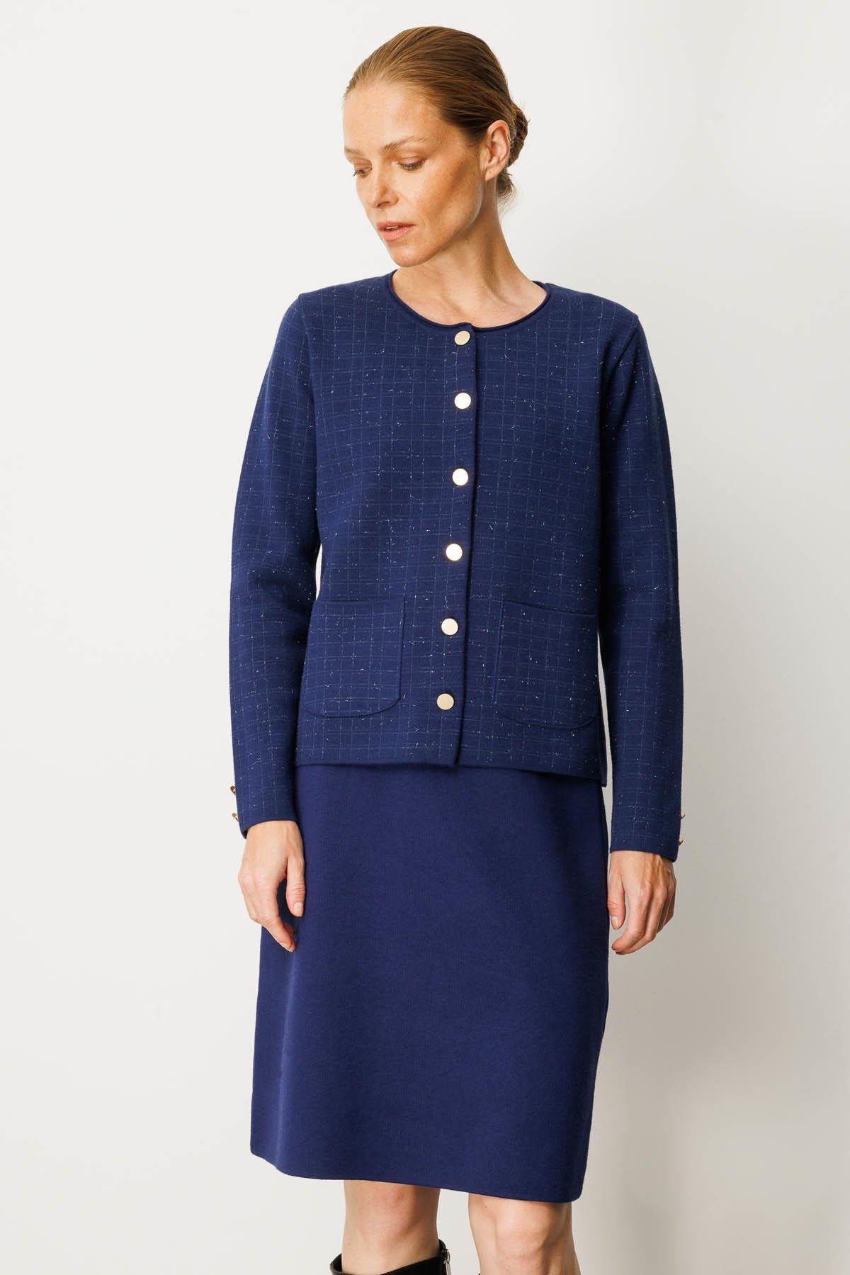 25065Kadın Triko Kareli Simli Ceket Lacivert