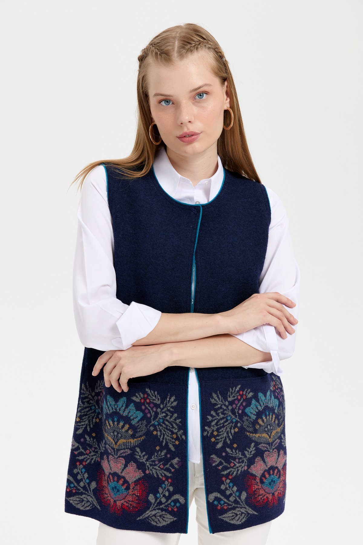 24076Kadın Triko Önü Açık Araboy Yün Yelek Y.A Lacivert