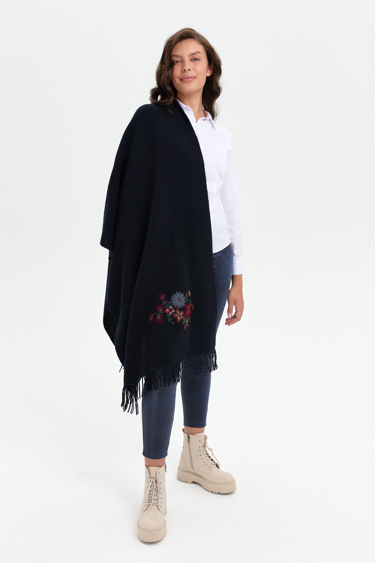 23030Kadın Triko Pirinç Örgü İşlemeli Yün Şal K.Lacivert