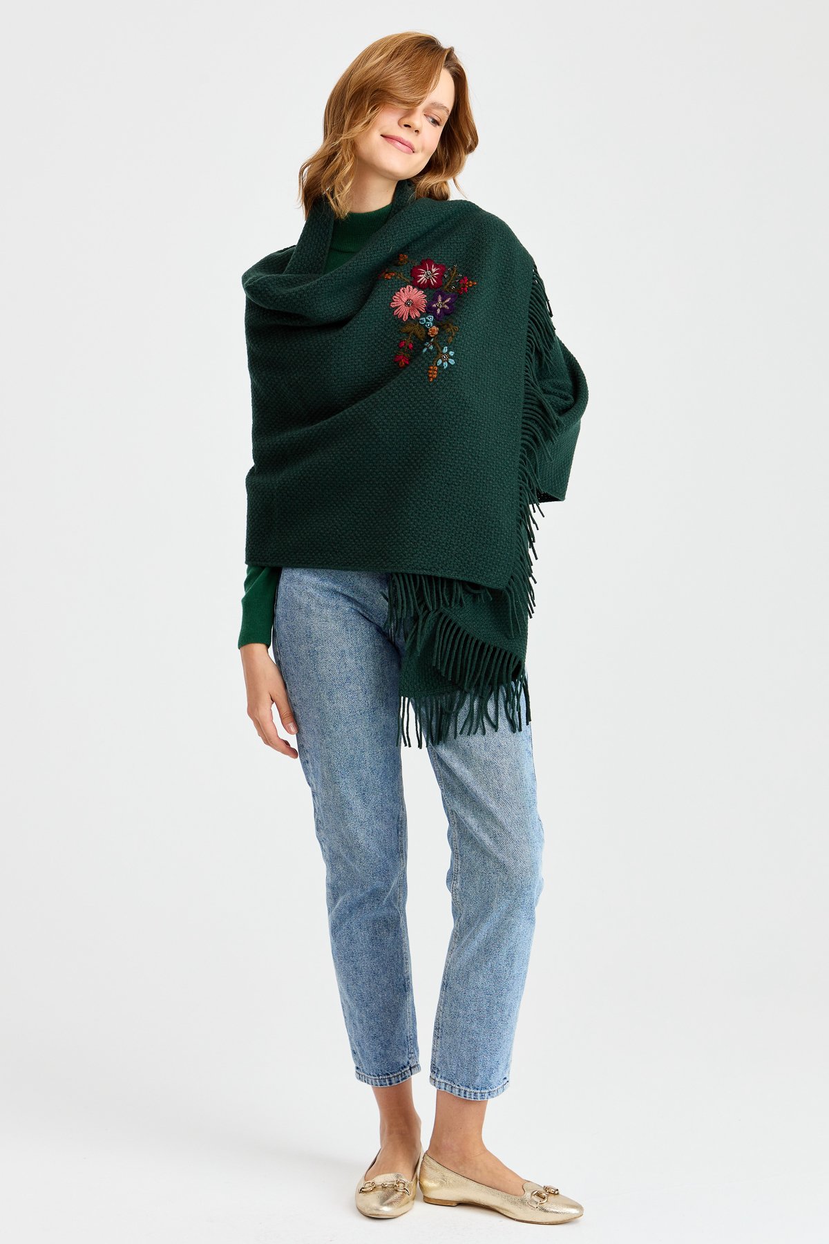 23030Женский трикотаж Латунная вязаная шерстяная шаль с вышивкой