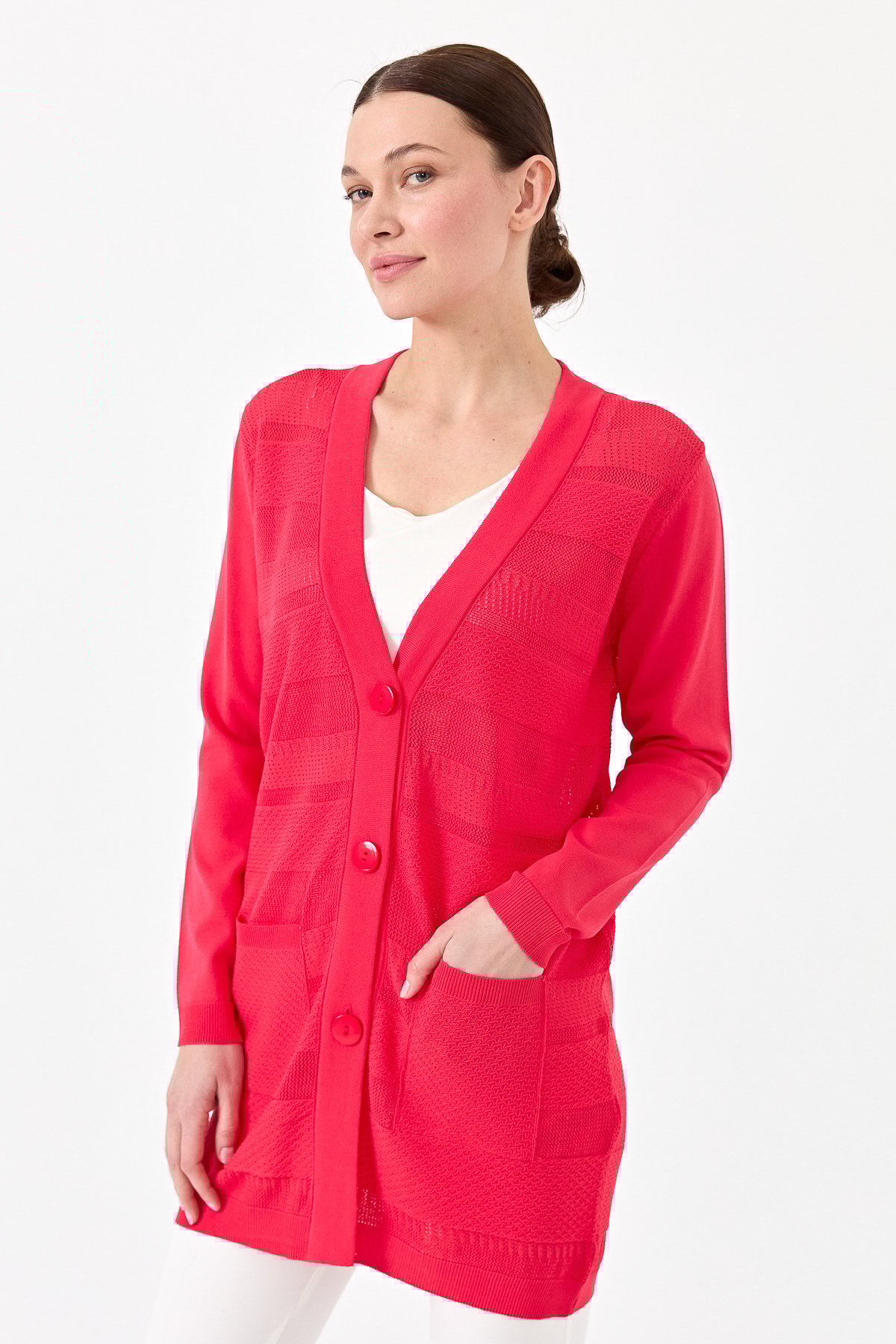 21364Kadın Triko V Yaka Yazlık Hırka N.Çiçeği