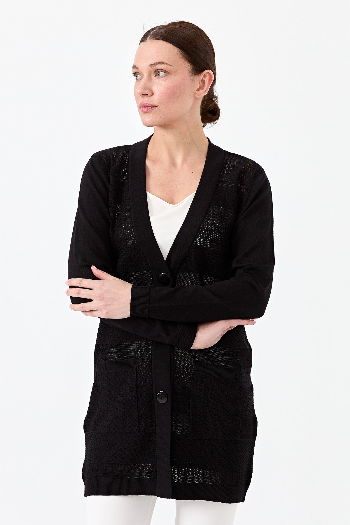 21364Kadın Triko V Yaka Yazlık Hırka Siyah