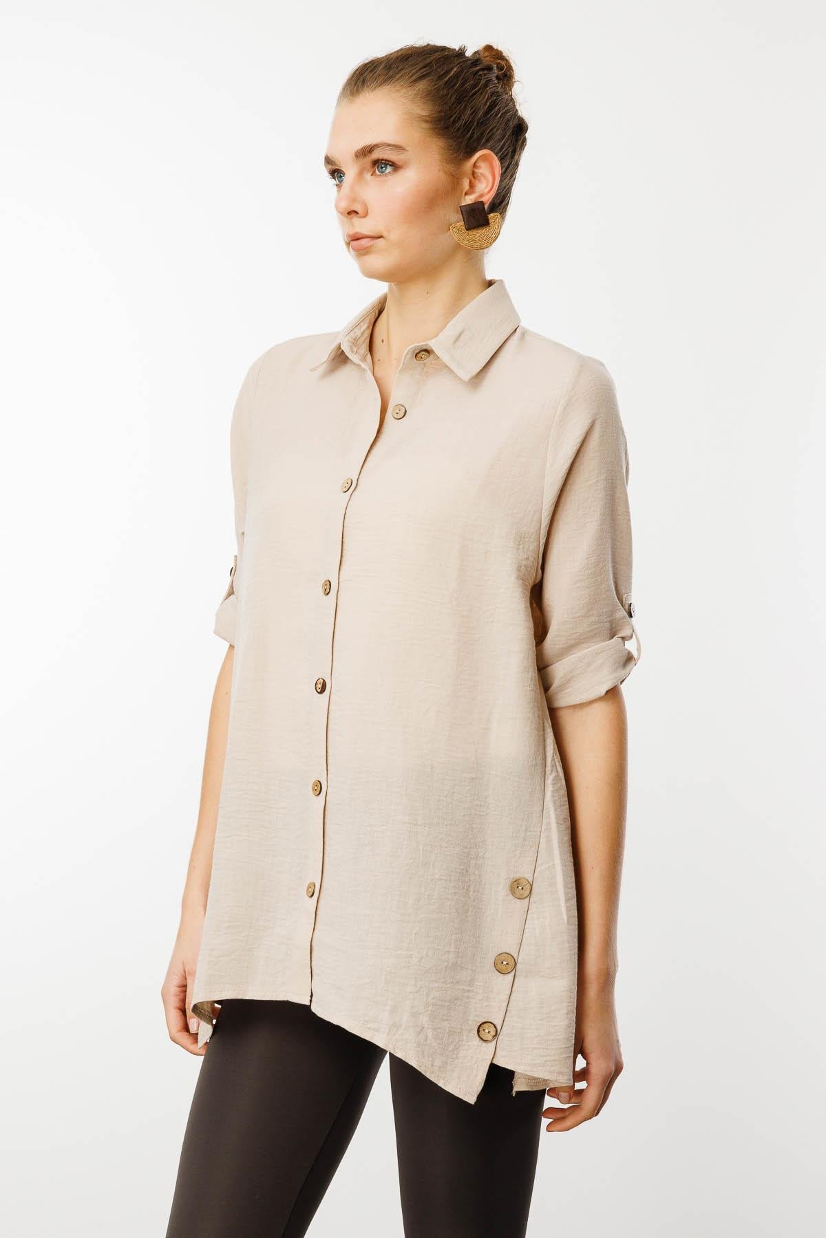 25757Kadın Truvakar Kol Keten Gömlek Bej