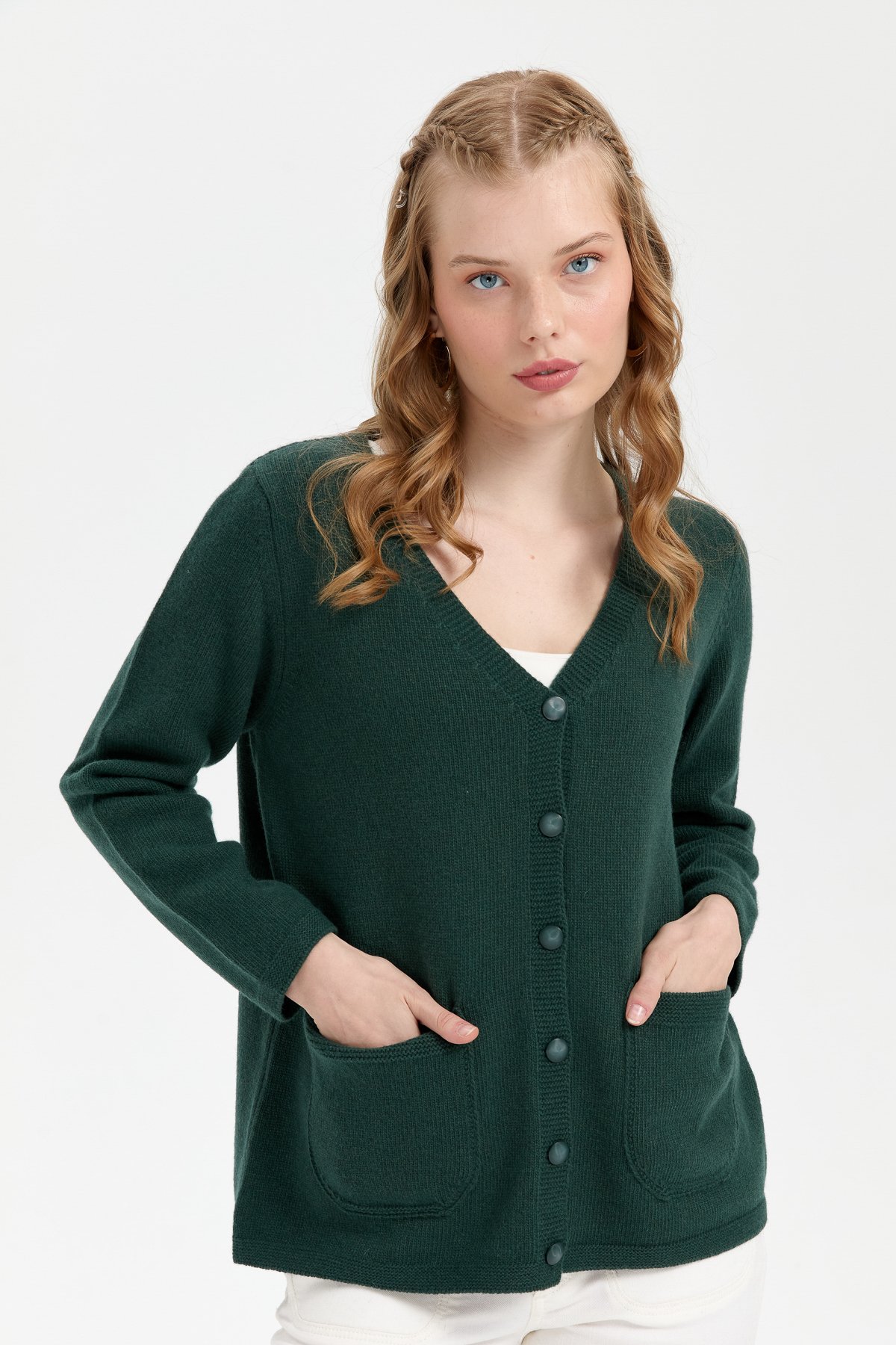 24043Kadın V Yaka Basic Yün Hırka Yeşil