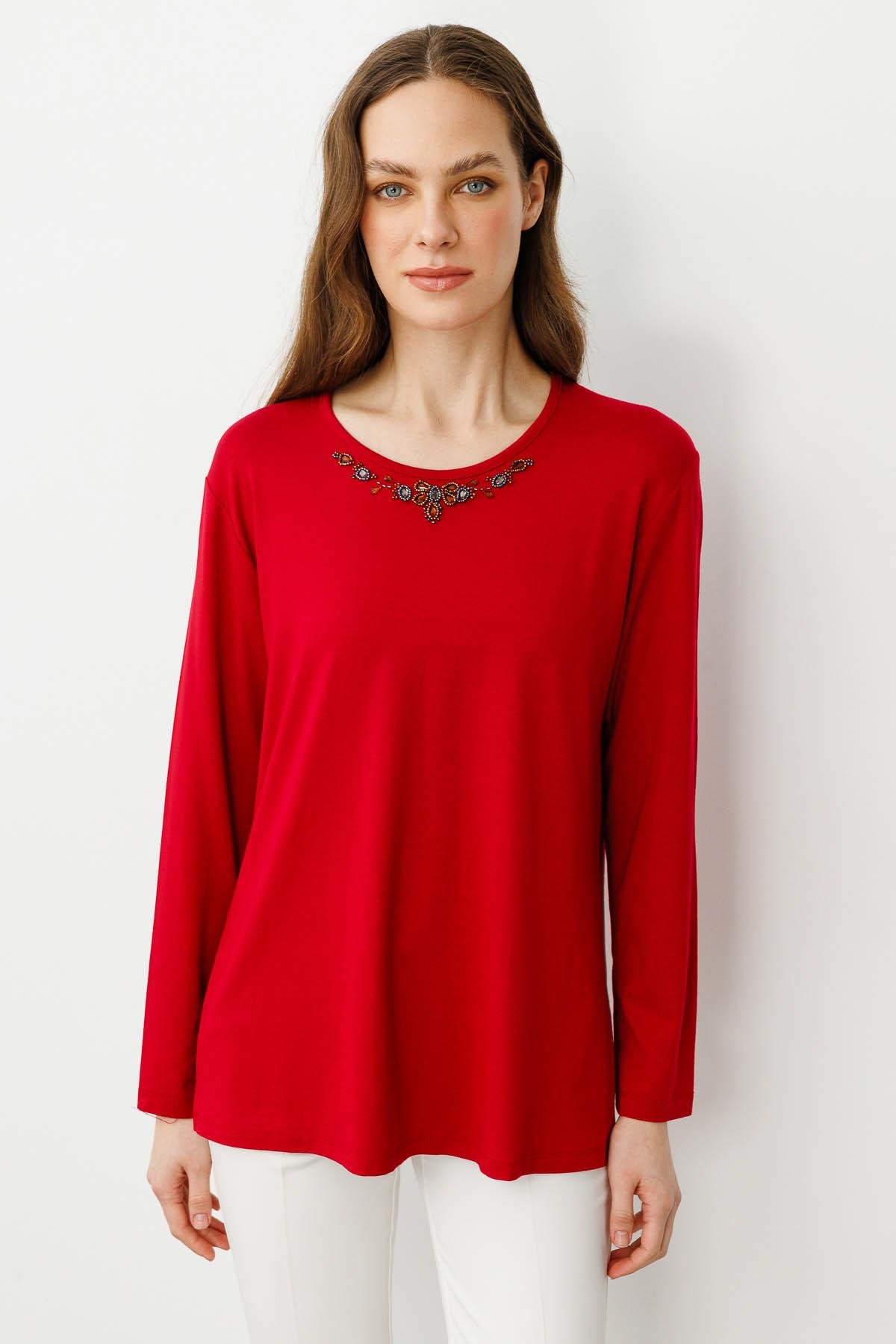 25706Kadın V Yaka Boncuk İşlemeli Penye Bluz Kırmızı