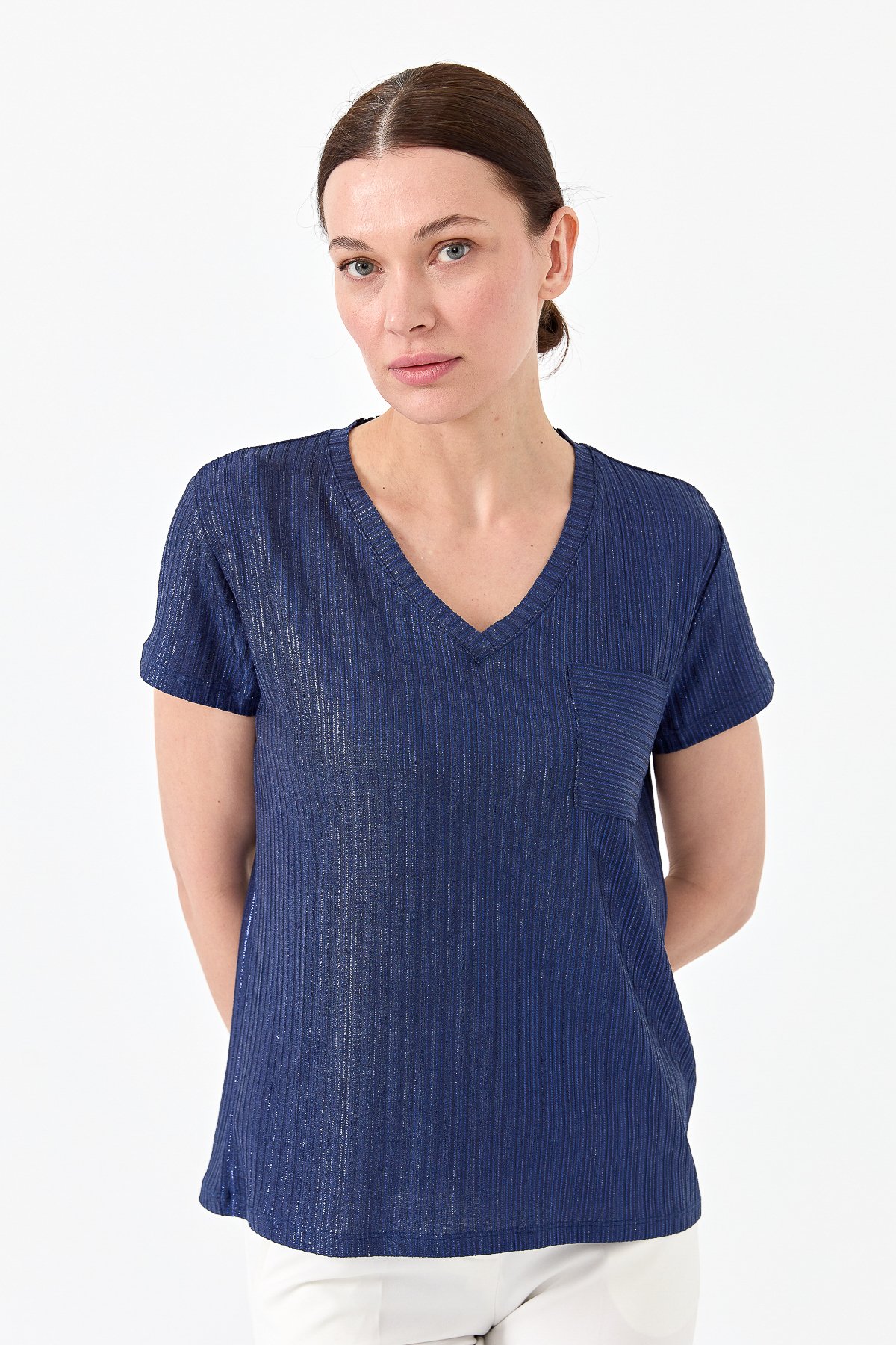 23462Kadın V Yaka Cepli Penye T-shirt Lacivert