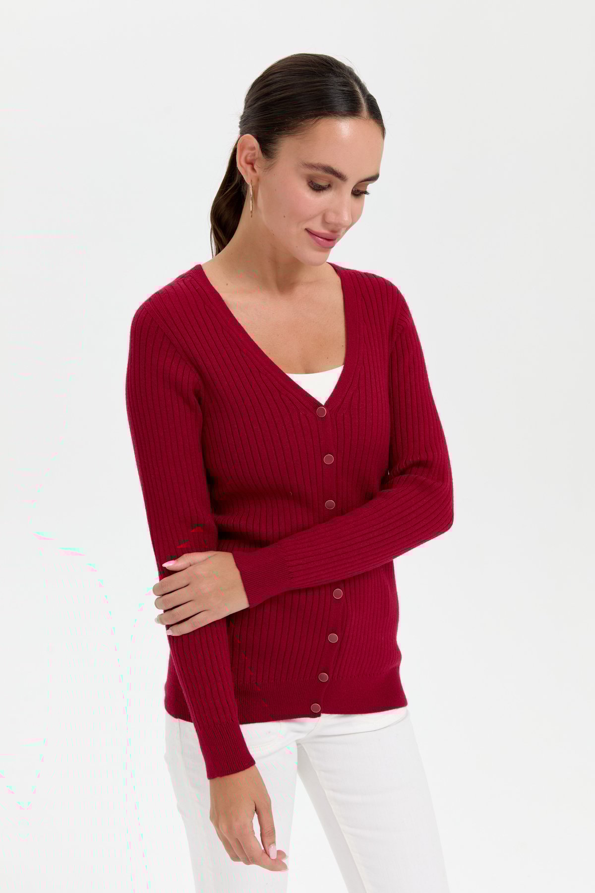 24181Kadın V Yaka Dikişsiz Hırka Vişne