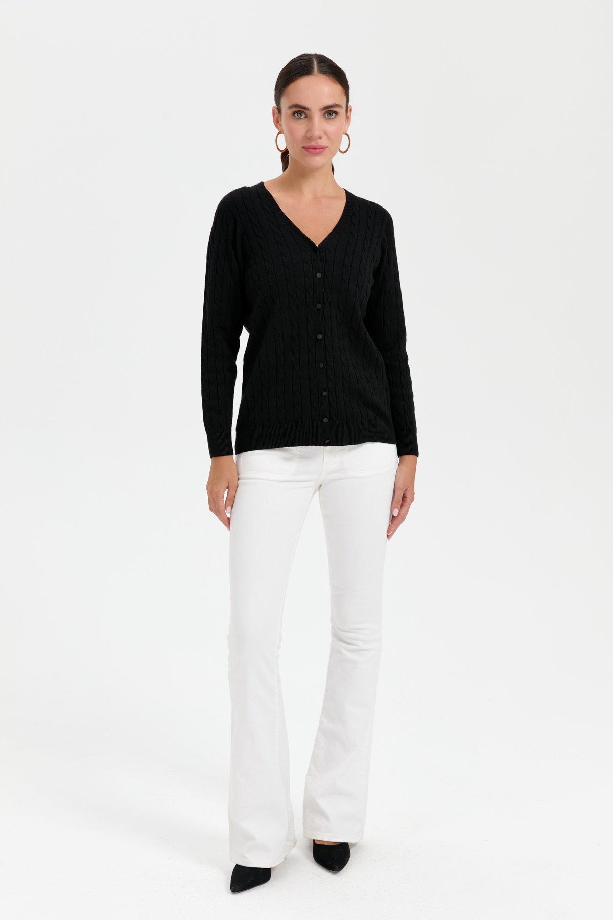 24327Kadın V Yaka Dikişsiz Saç Örgülü Hırka Siyah