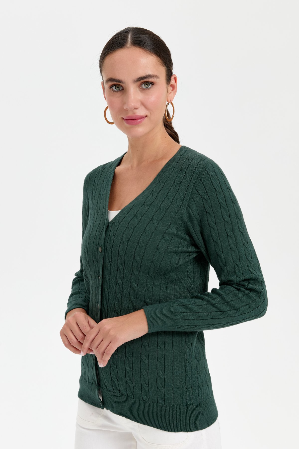 24327Kadın V Yaka Dikişsiz Saç Örgülü Hırka Yeşil