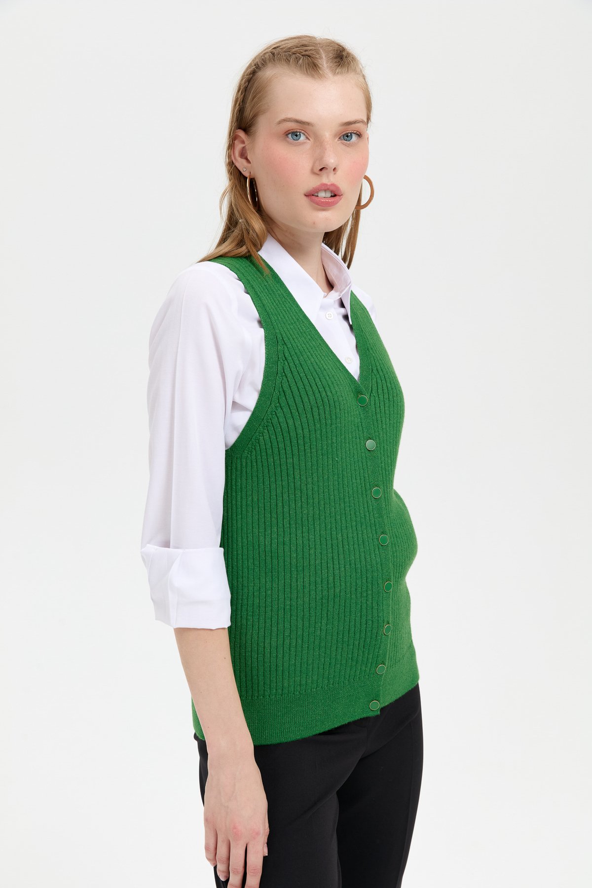 24180Kadın V Yaka Dikişsiz Yelek K.Yosun