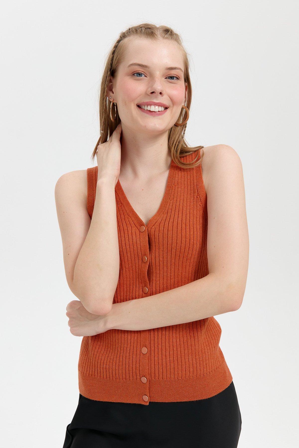 24180Kadın V Yaka Dikişsiz Yelek Turuncu