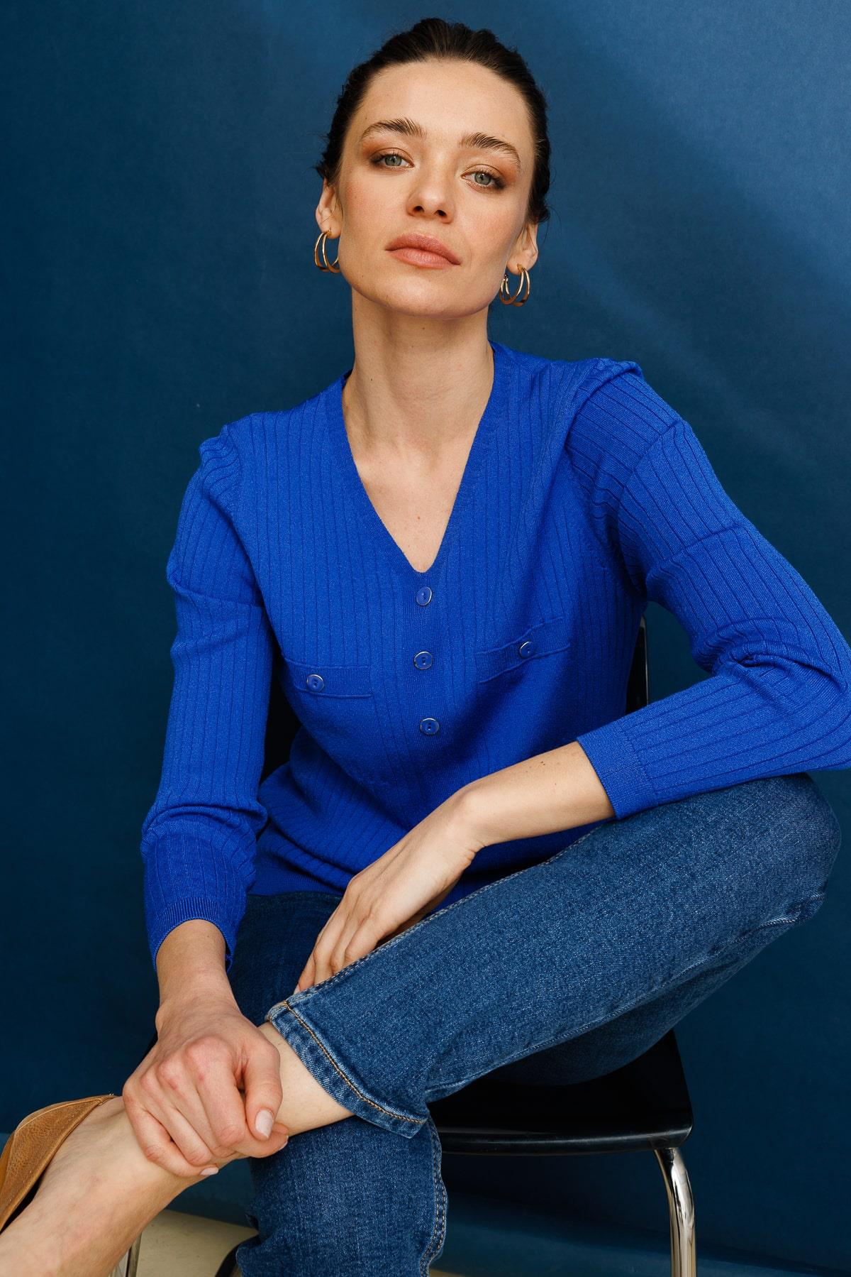 25353Kadın V Yaka Fitilli Bluz Saks